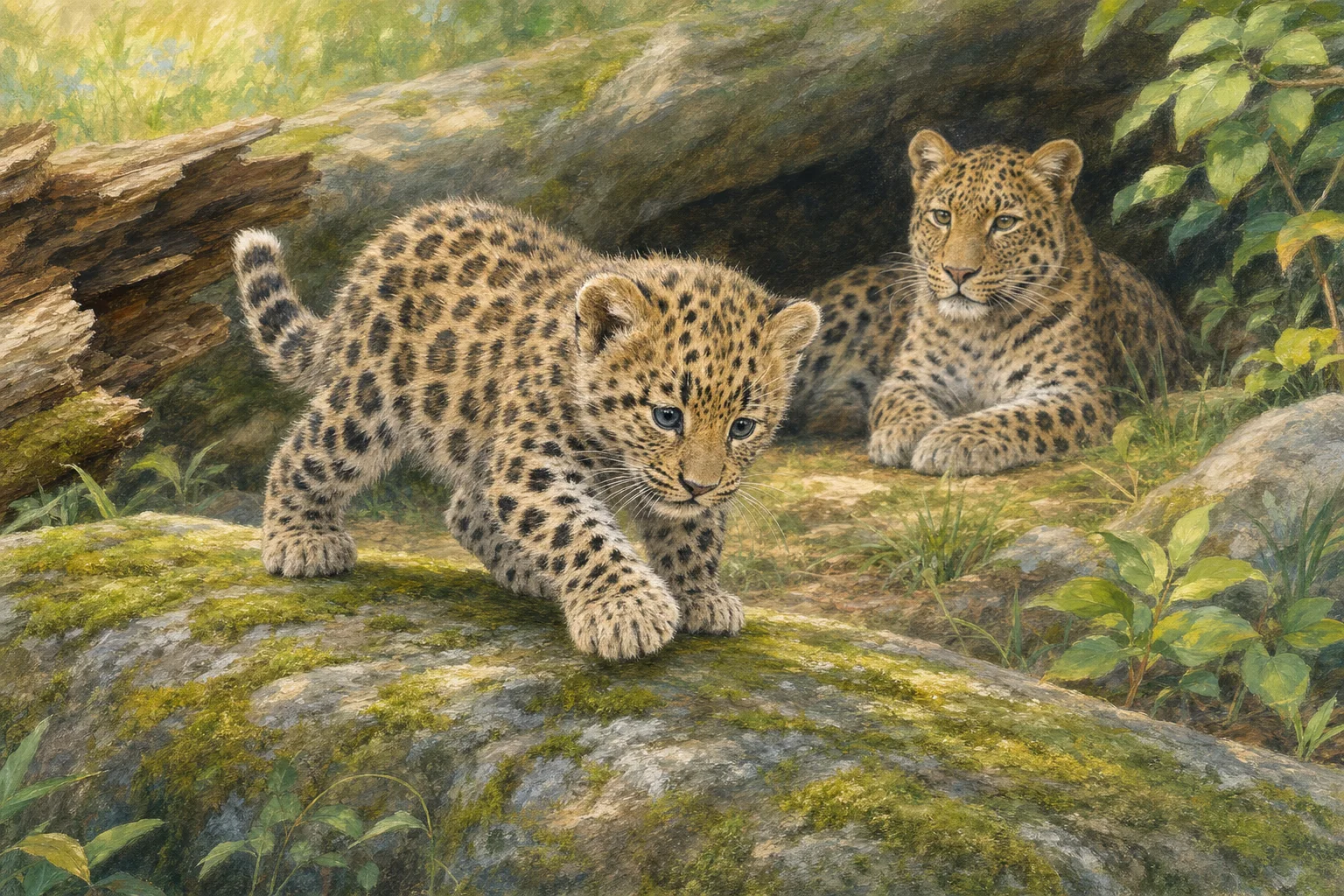 Editorial illustration of a young Amur leopard cub taking careful steps while an adult leopard watches nearby