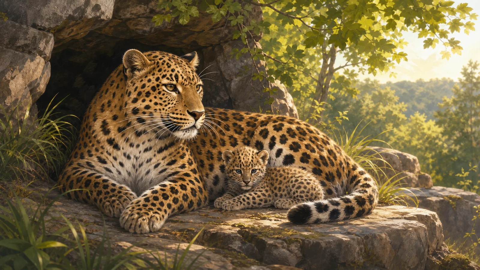 Editorial illustration of an adult Amur leopard resting protectively beside a young cub in a rocky, leafy habitat