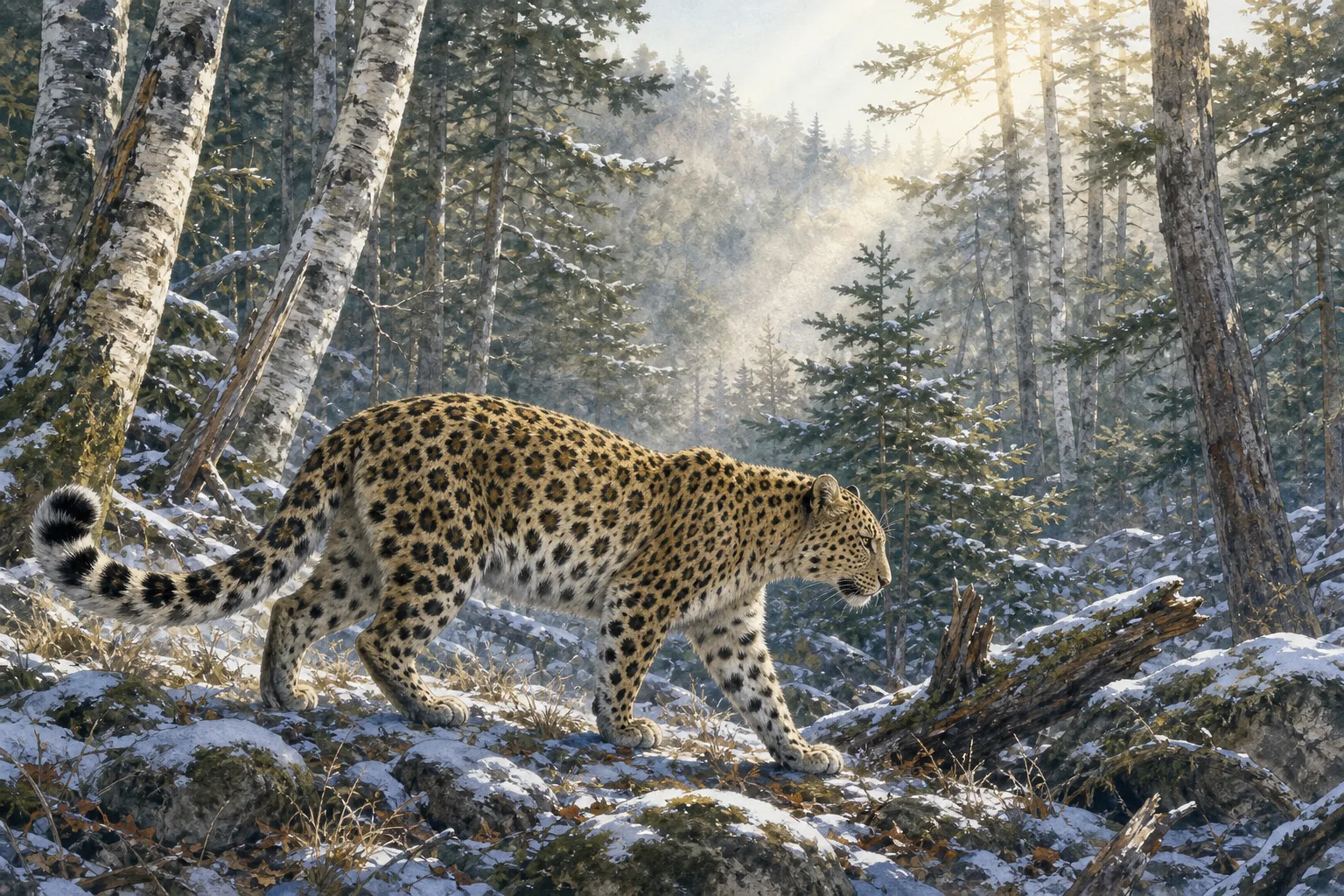 Natural-history illustration of an Amur leopard walking through a snowy birch and conifer forest