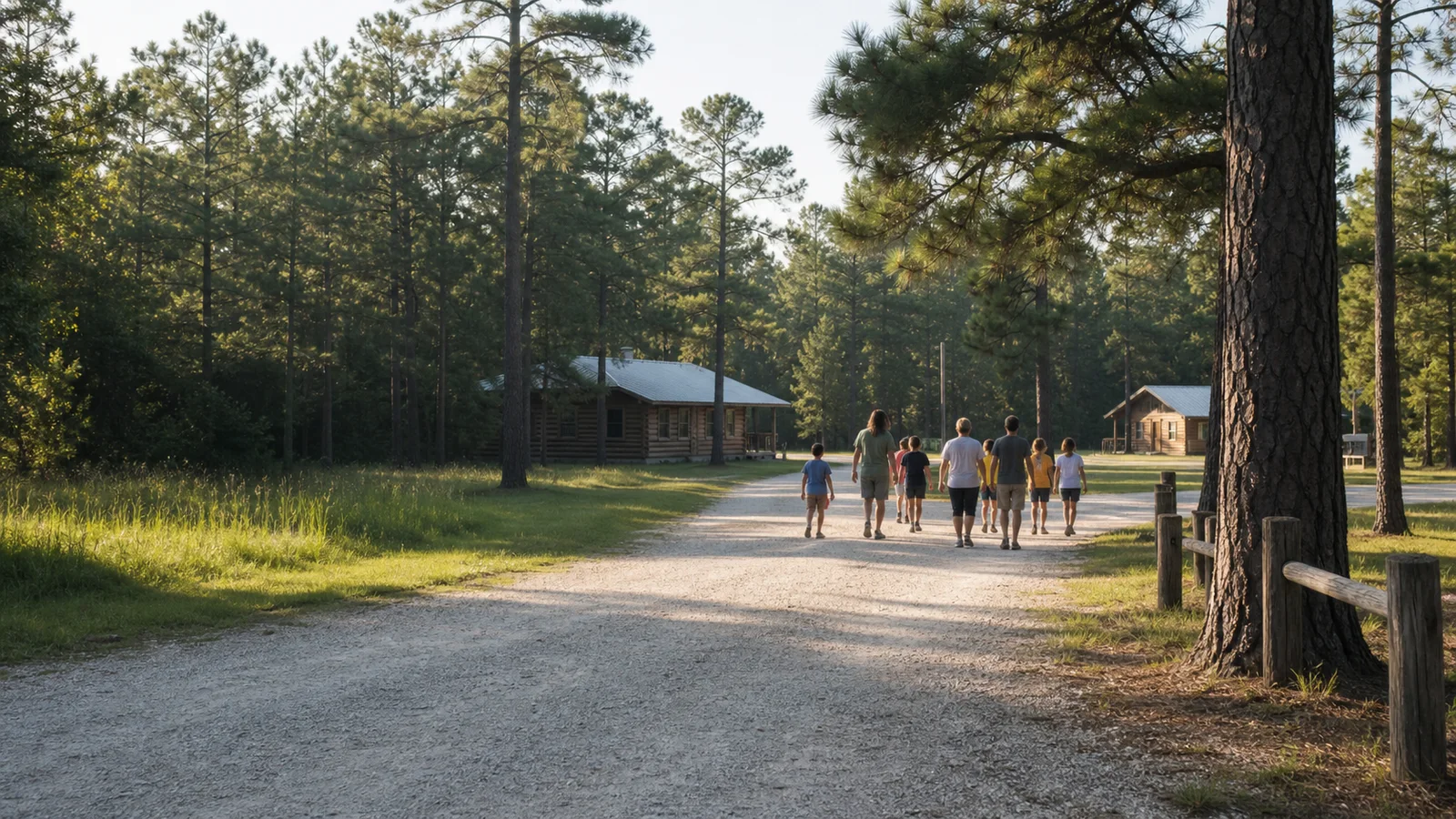 A pine-lined gravel road leads toward rustic cabins at a southern youth camp, with a small group walking together.