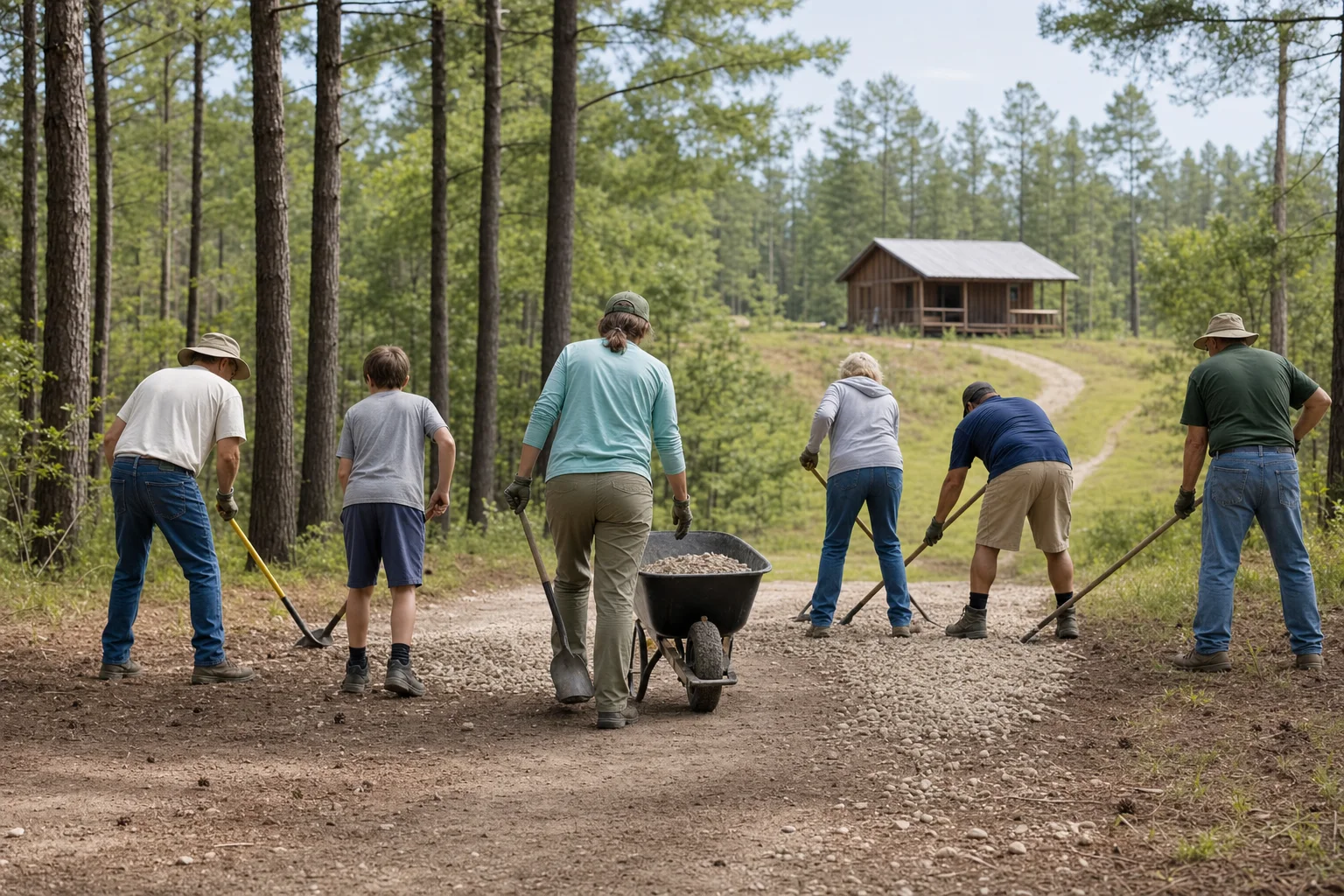 Community volunteers spread gravel on a rural camp road beneath tall pine trees.