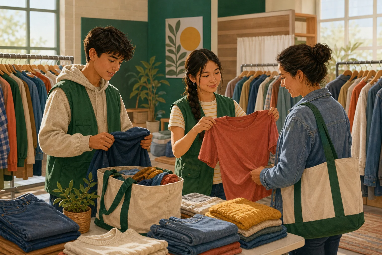 Editorial illustration of teen volunteers organizing a welcoming community clothing share