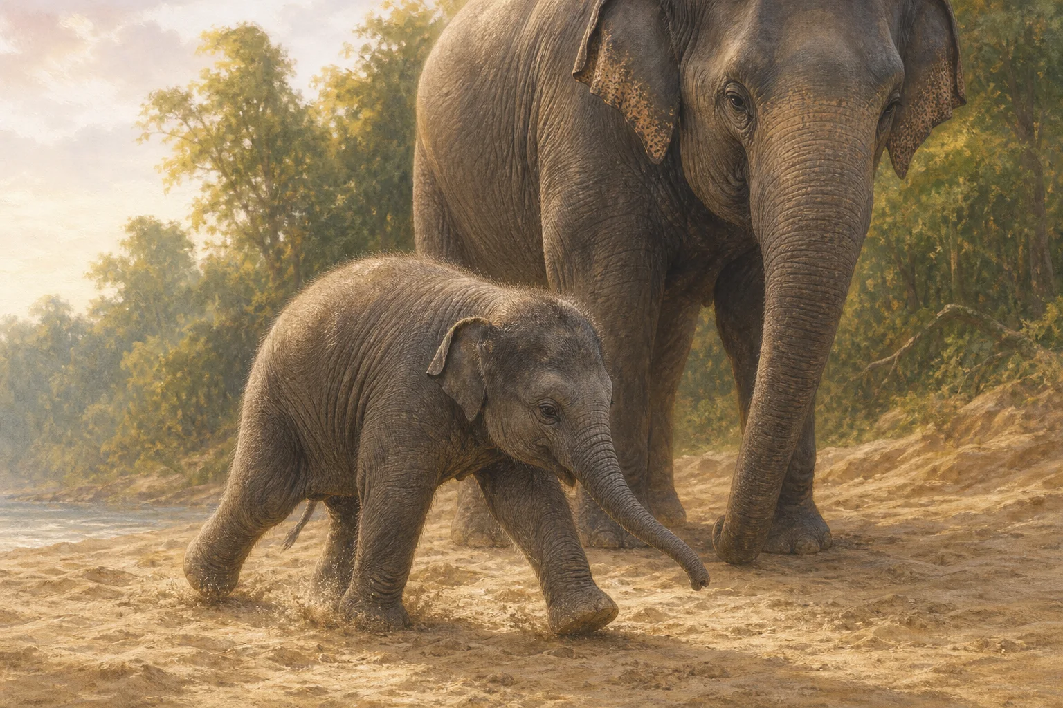 Editorial illustration of an Asian elephant calf taking curious first steps