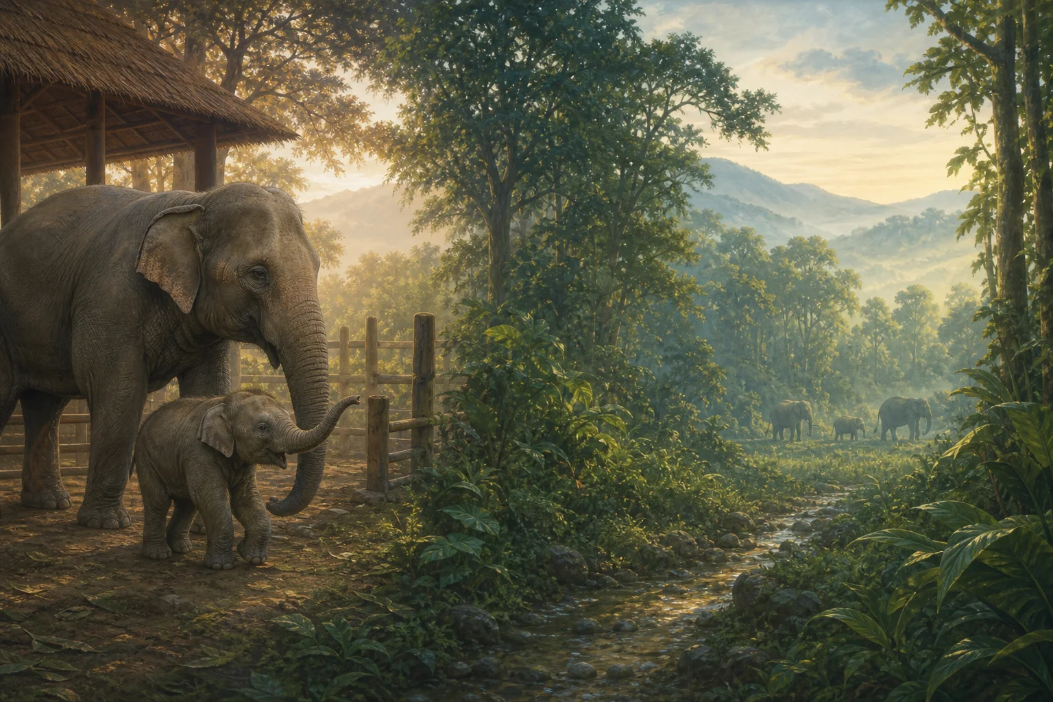 Editorial illustration connecting elephant care with protected Asian forest habitat