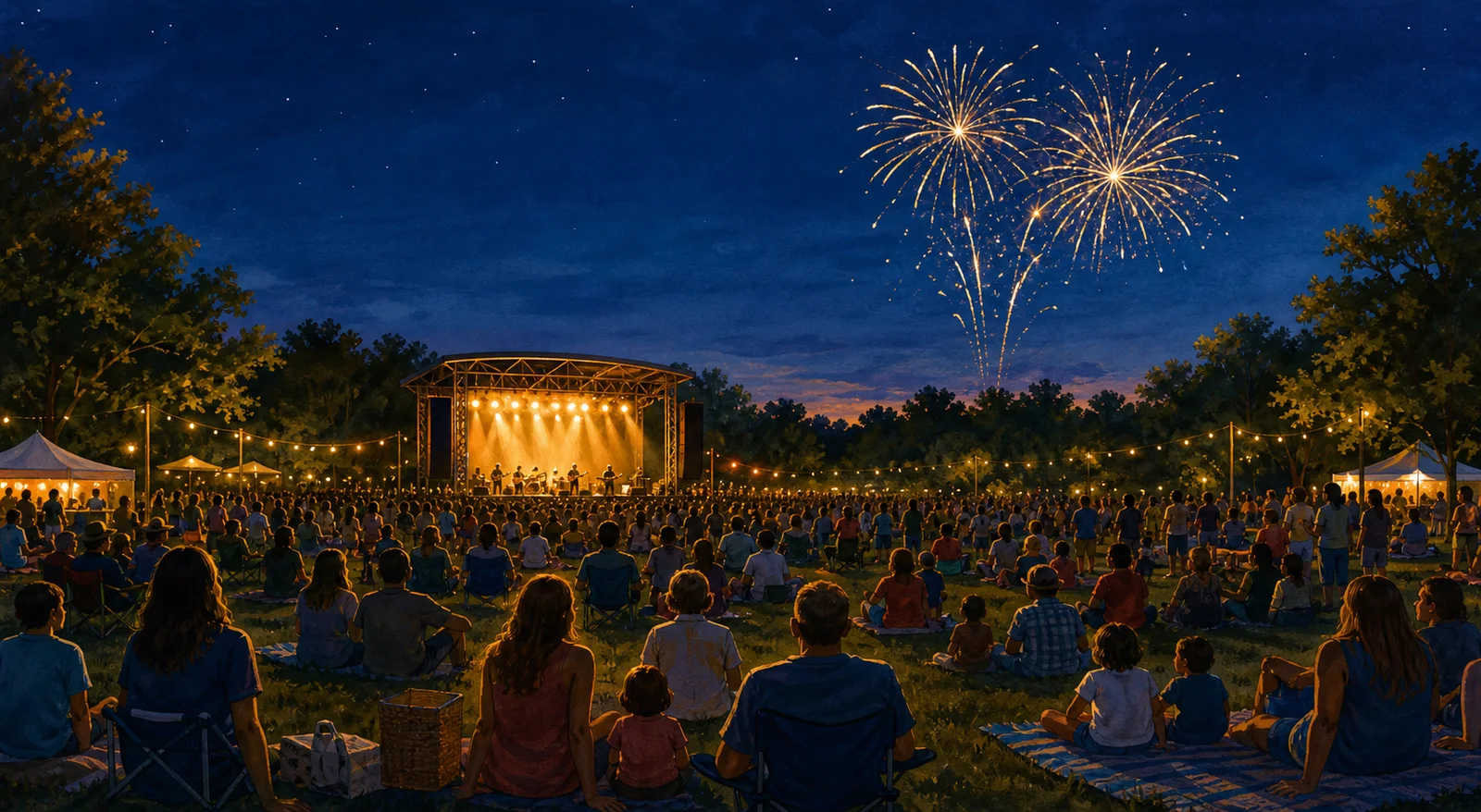 Editorial illustration of a community gathered for a summer concert under gentle fireworks.