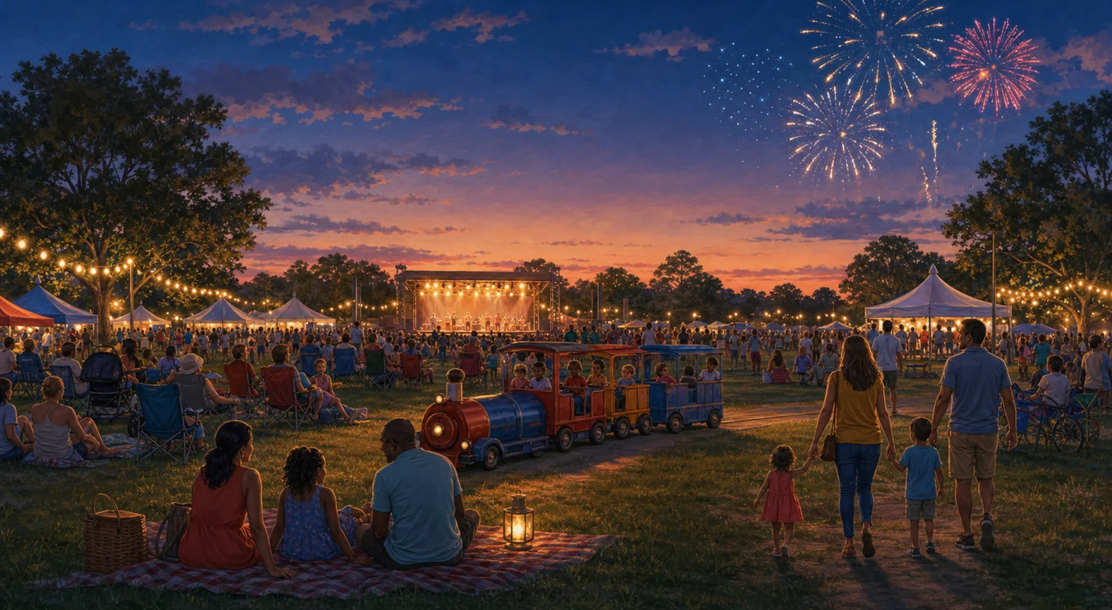 Editorial illustration of neighbors and families gathering at an outdoor summer concert with fireworks overhead.