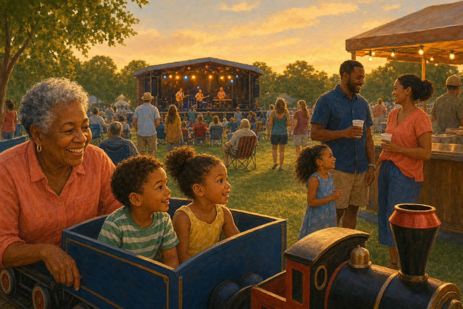 Editorial illustration of children enjoying a small train ride near a community concert.
