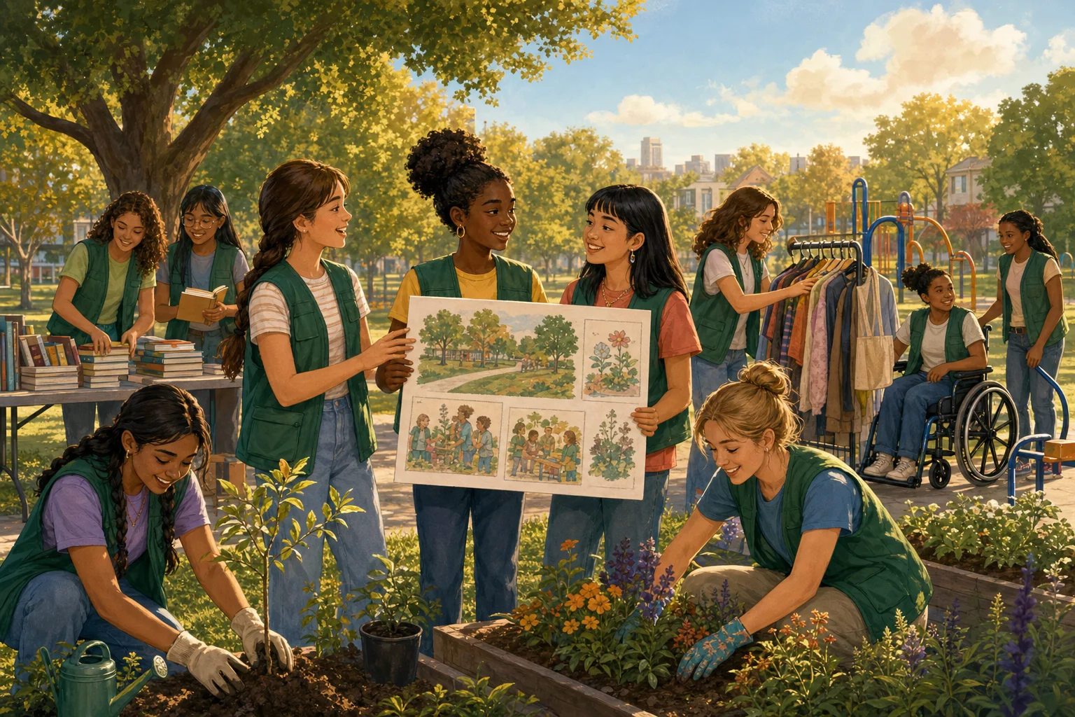 Editorial illustration of teen community leaders working together on books, clothing, gardening, and accessible recreation projects