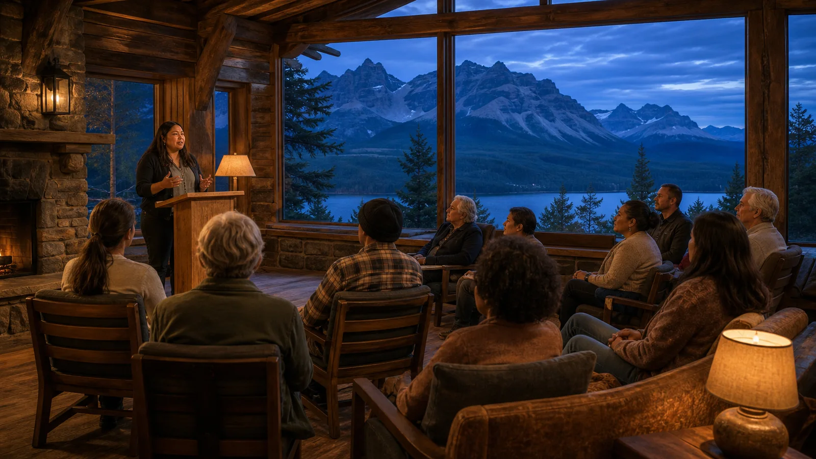 Editorial illustration of a community storytelling gathering in a mountain lodge at dusk.