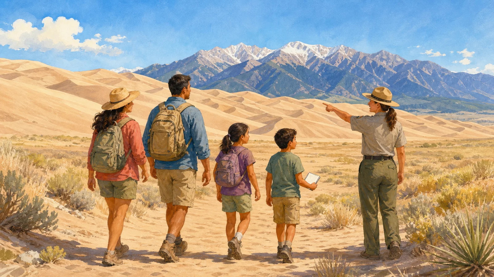 Editorial illustration of a family and park ranger looking across golden sand dunes toward the Sangre de Cristo Mountains.