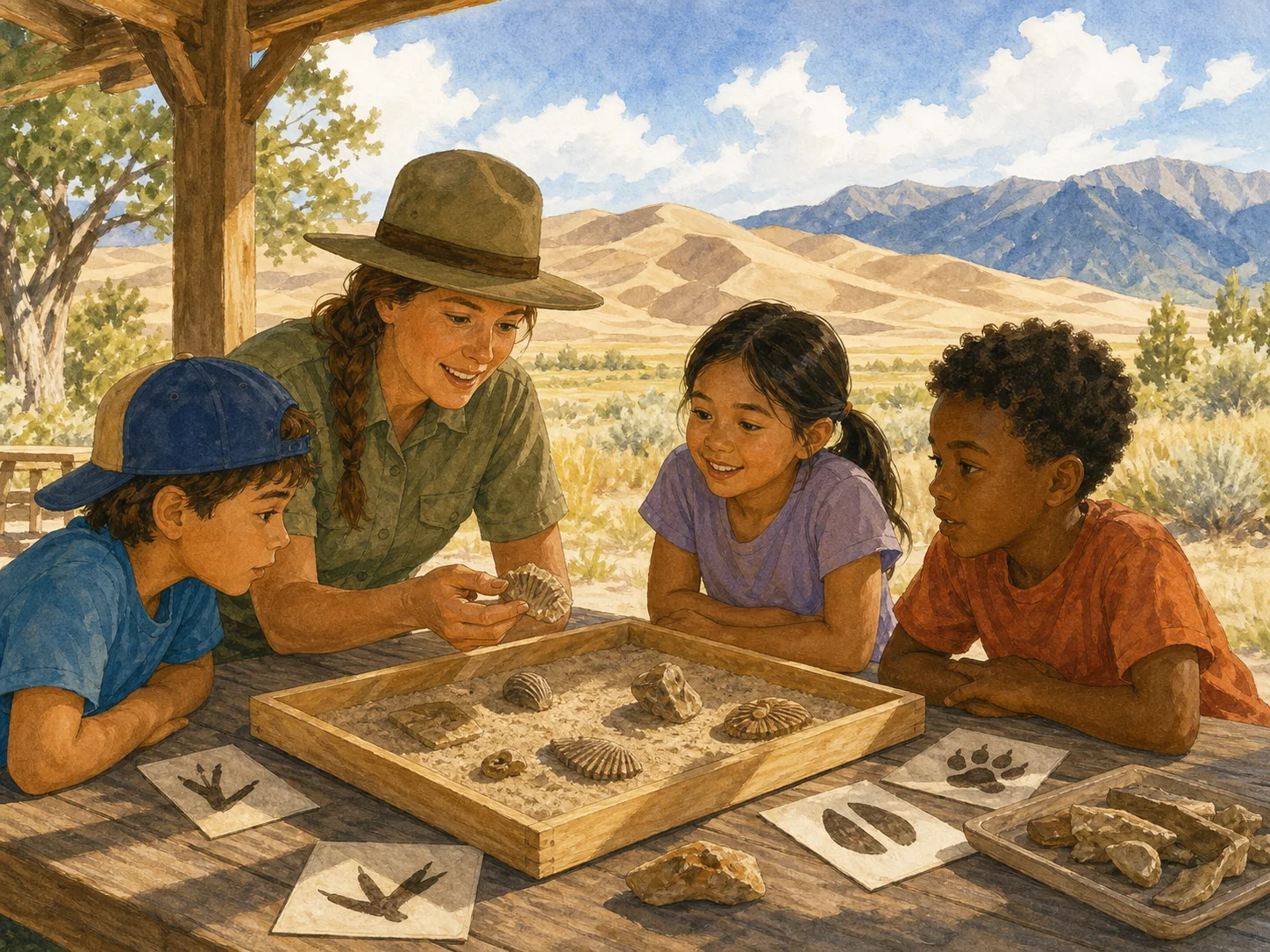Editorial illustration of a ranger leading children through a hands-on learning activity beside golden sand dunes.