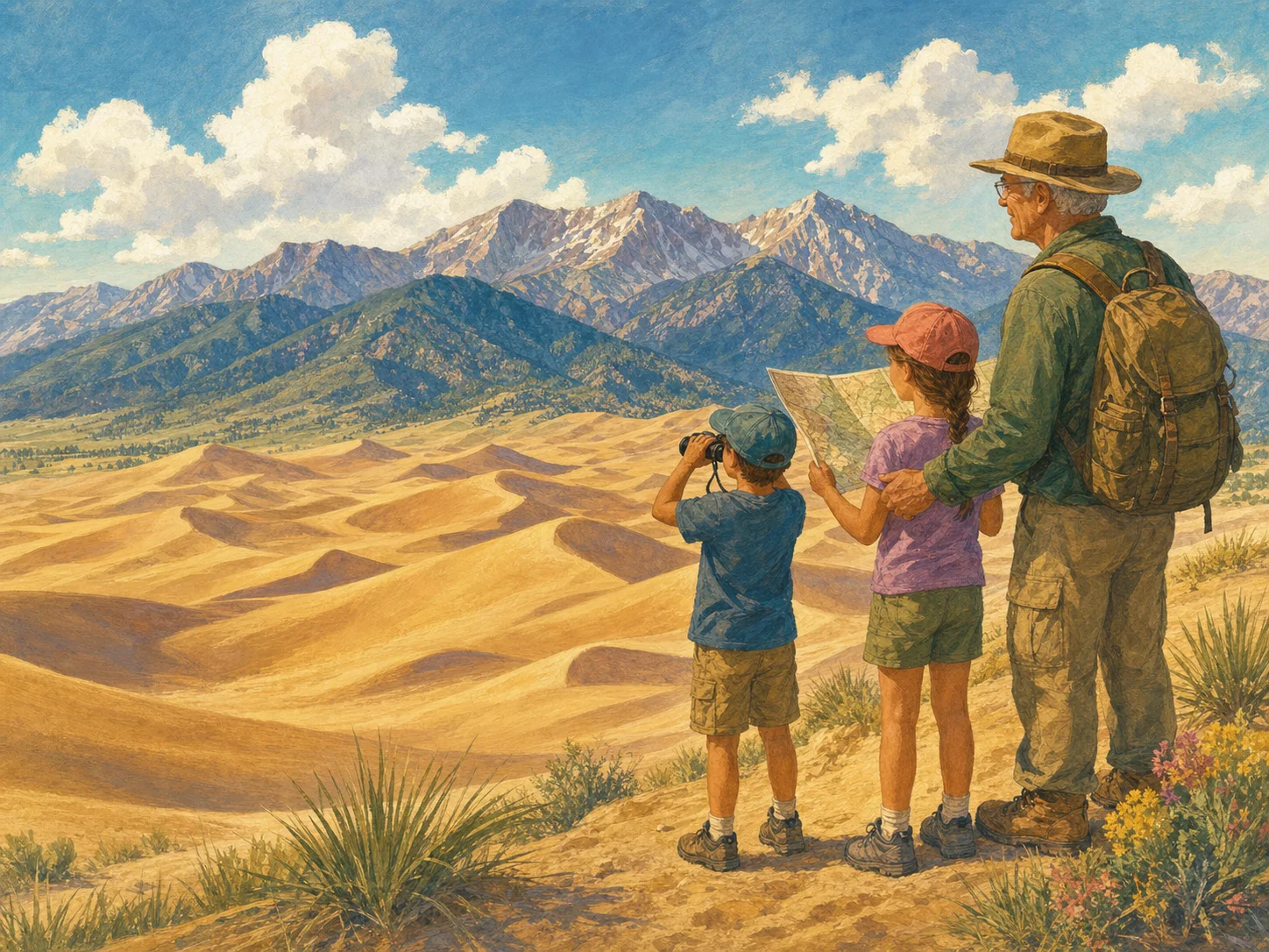 Editorial illustration of two children and a grandparent using a map and binoculars above a broad field of sand dunes.