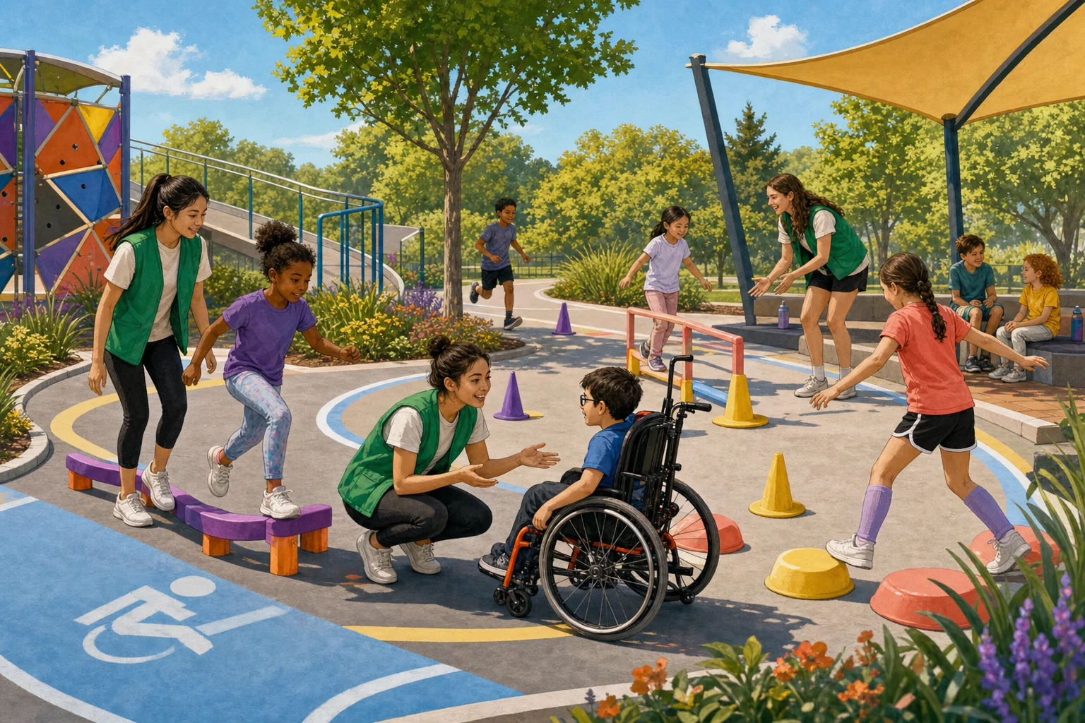 Editorial illustration of teens leading an inclusive recreation activity with children using an accessible community course