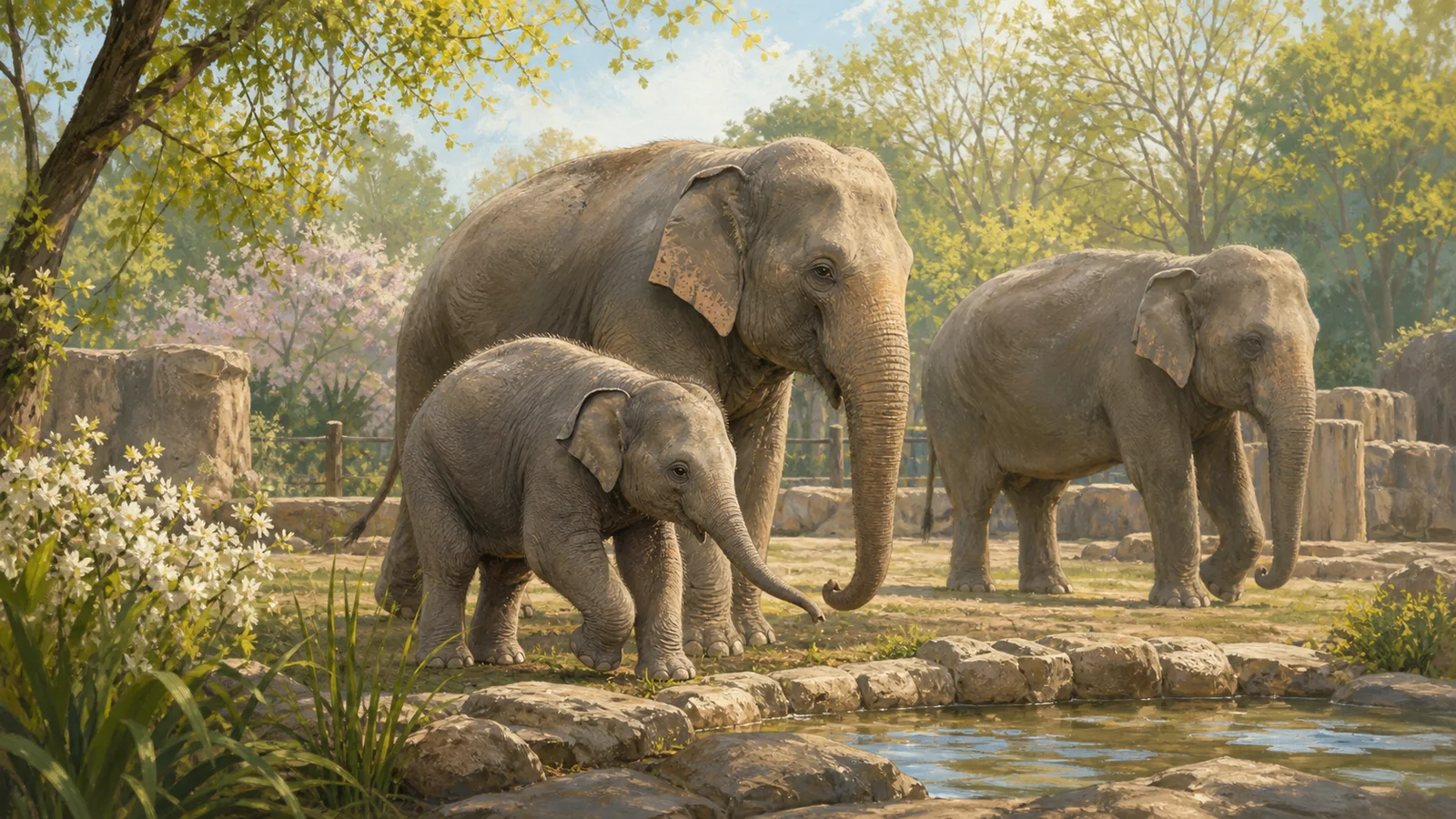 Editorial illustration of a young Asian elephant exploring beside adult herd members