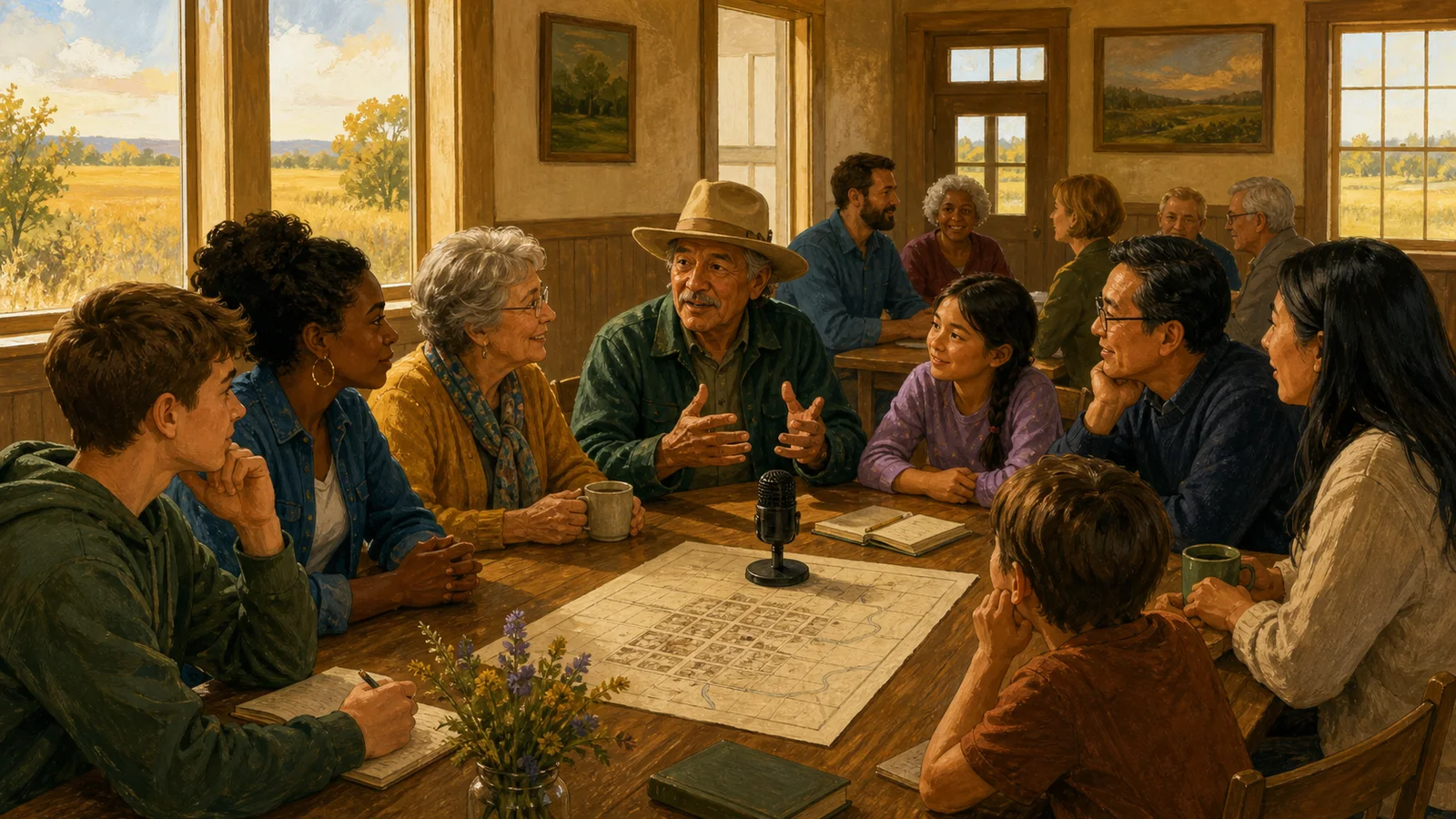 Editorial illustration of a multigenerational community sharing stories around a table.