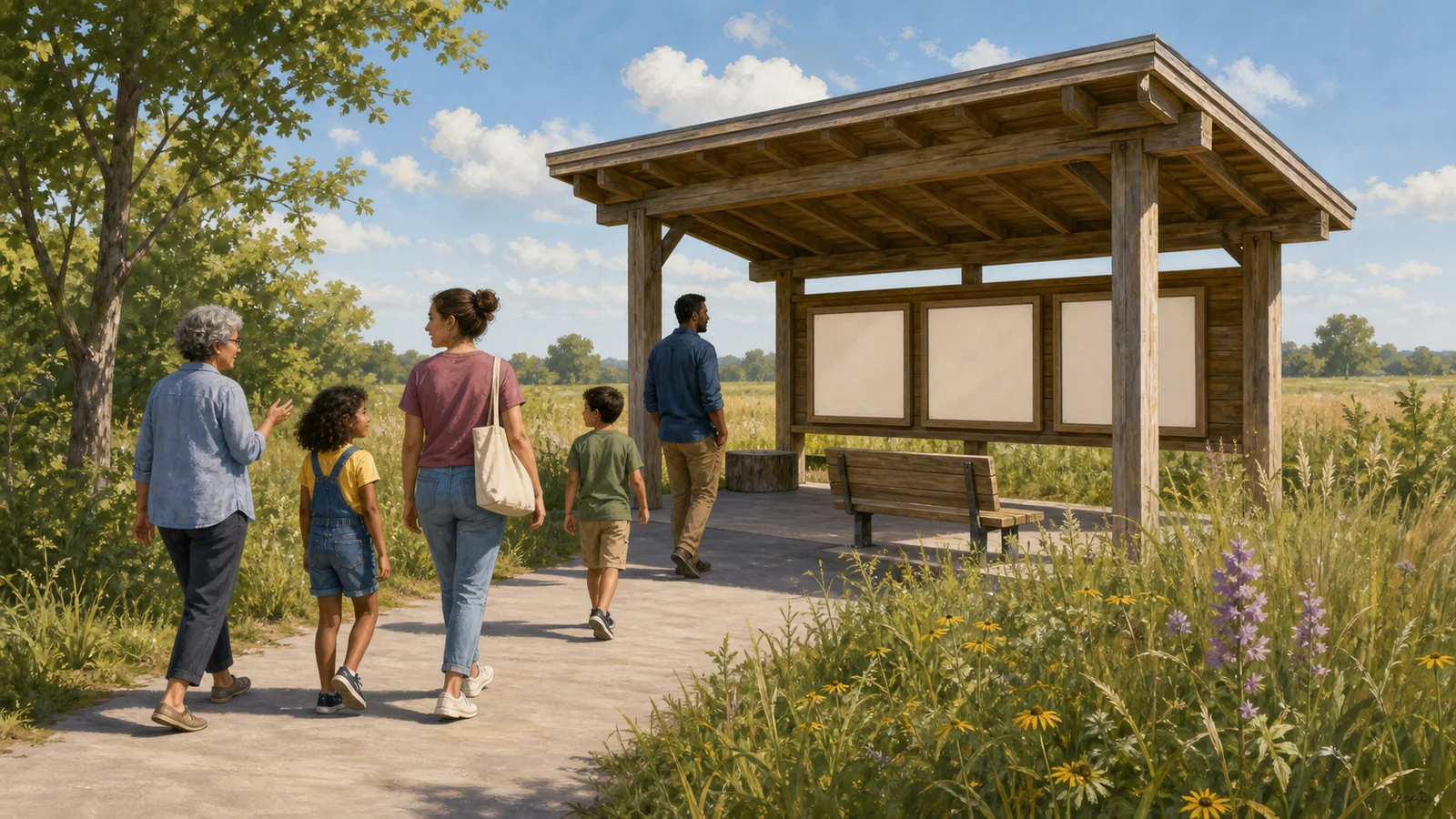 Editorial illustration of a prairie storytelling station with visitors approaching along a path.