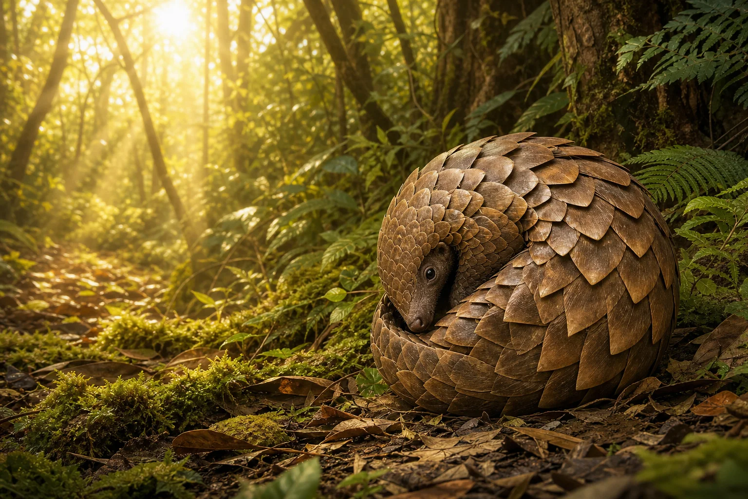 Original editorial illustration of a white-bellied pangolin curled protectively on a sunlit forest floor.