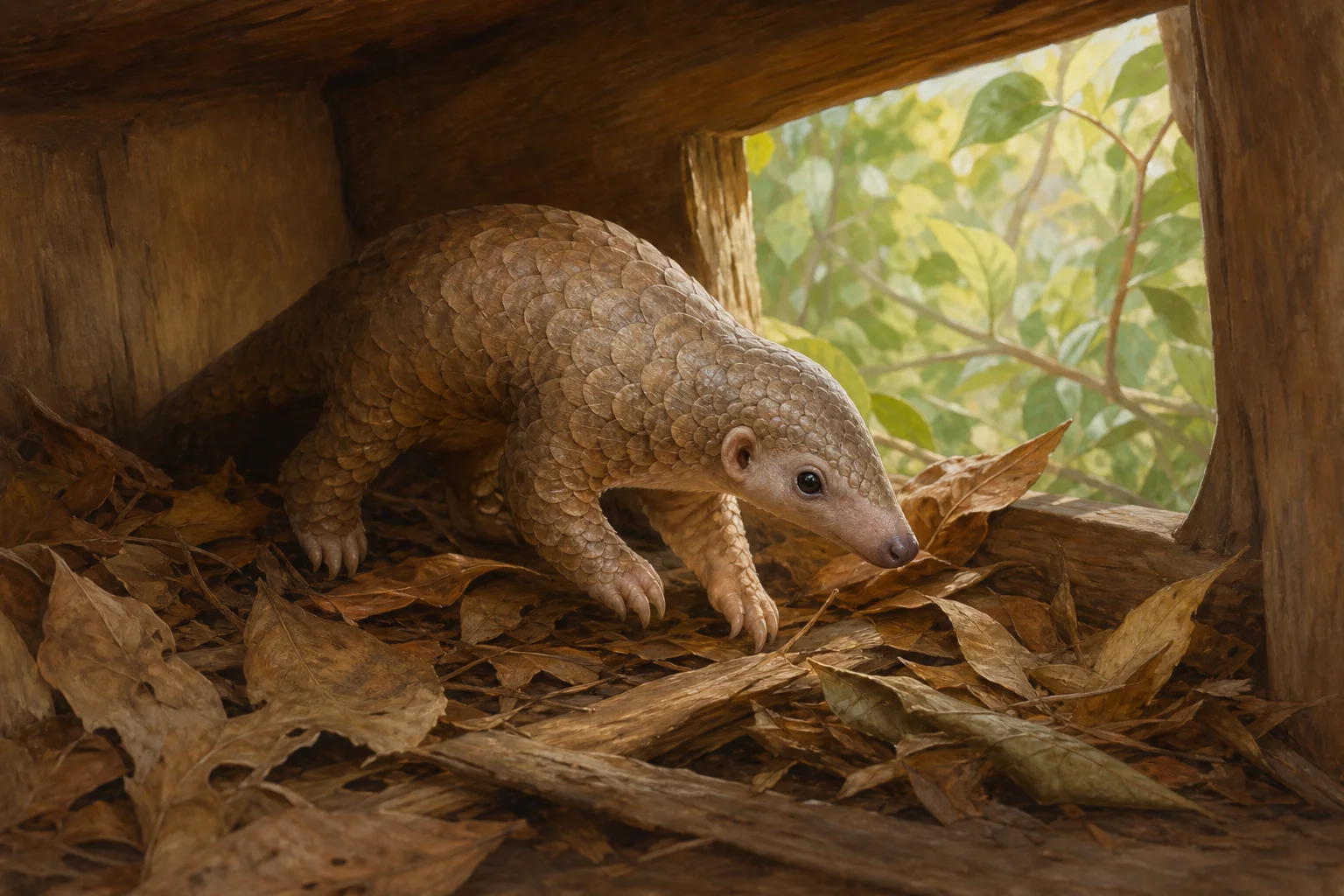 Original editorial illustration of a young white-bellied pangolin exploring a leafy wooden shelter.