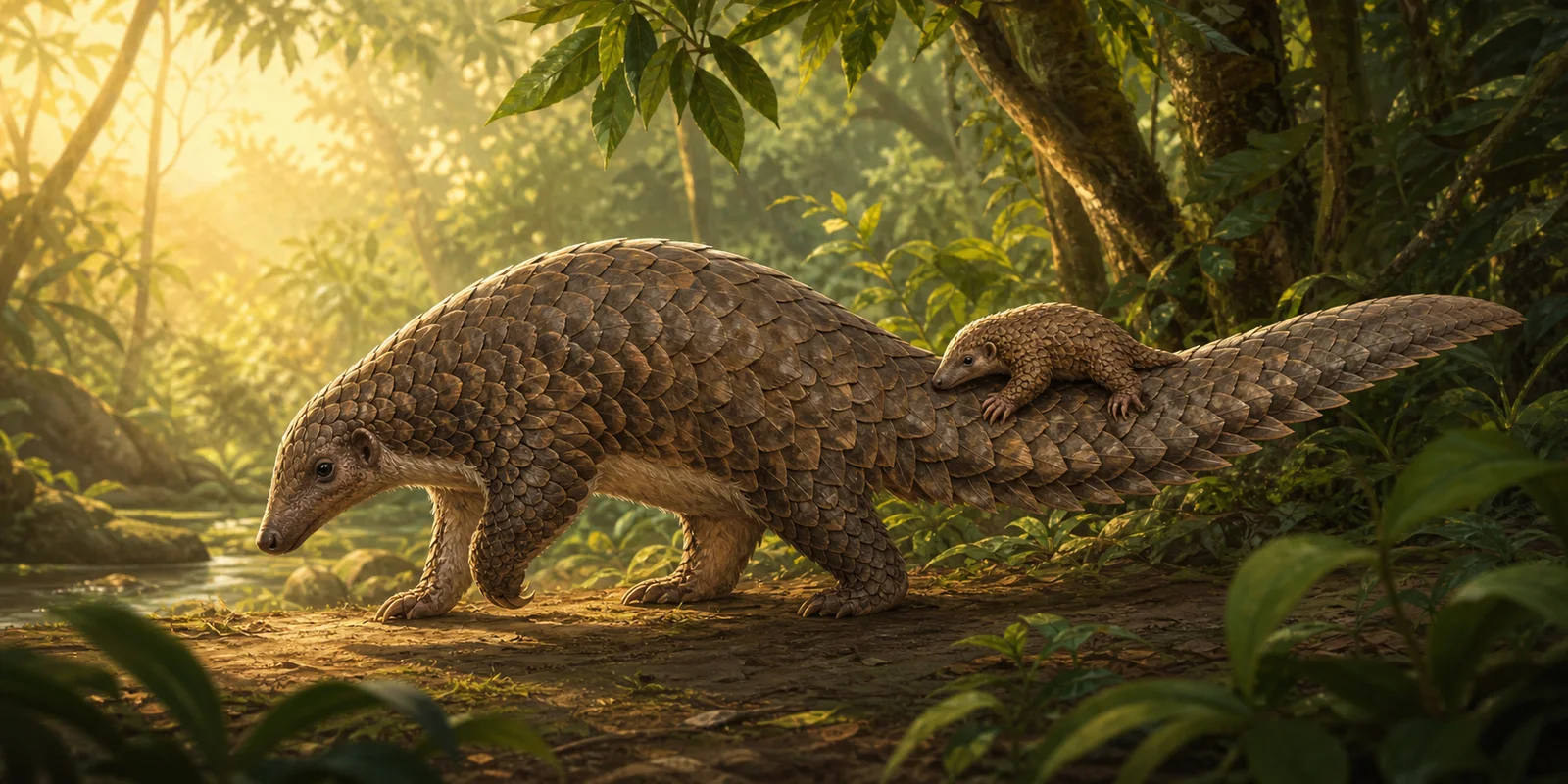 Original editorial illustration of a white-bellied pangolin mother carrying a pup on her tail in a warm forest setting.