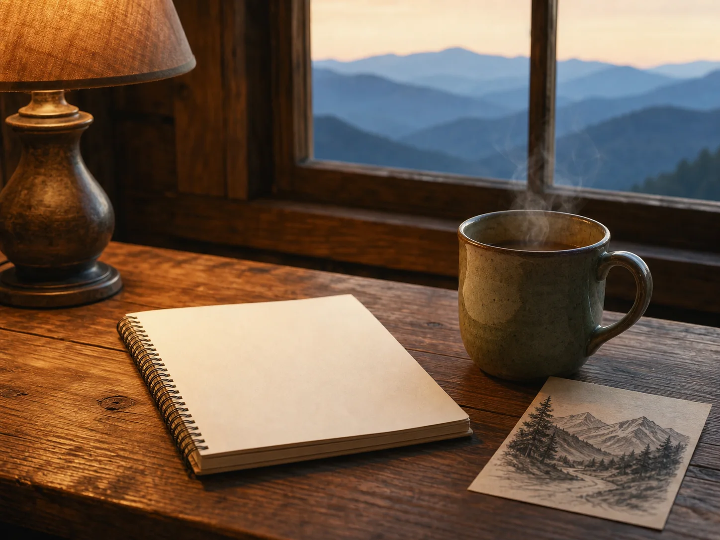 Editorial illustration of a blank notebook, a mug and a mountain sketch on a lodge table.