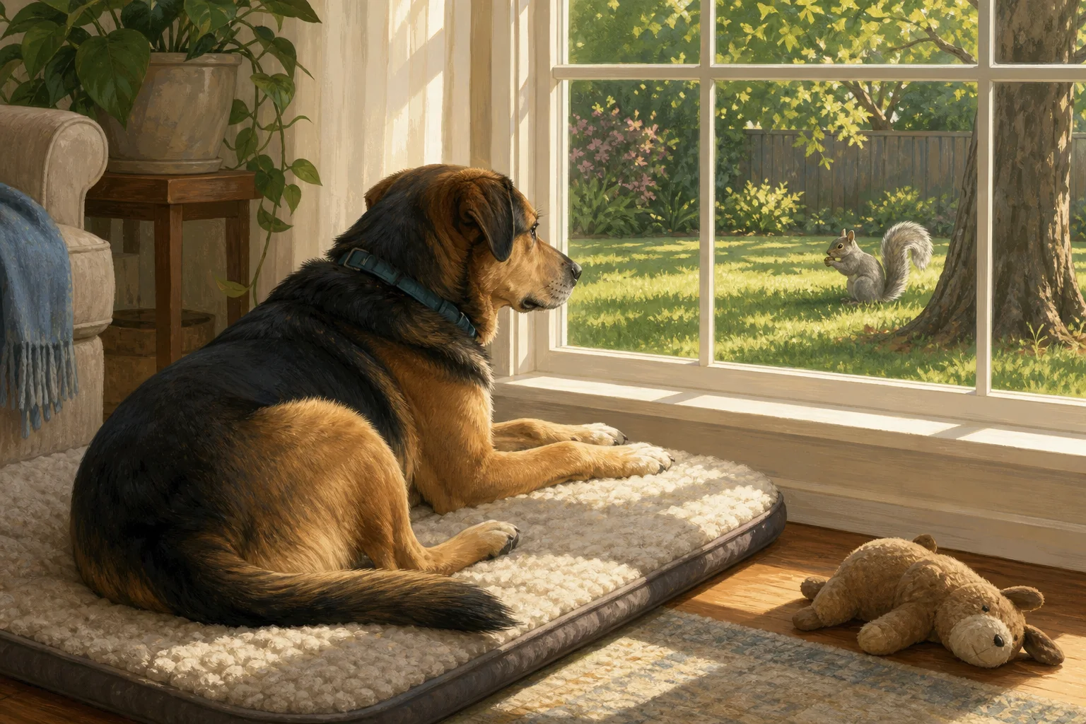 Editorial illustration of an adopted dog watching squirrels from a bright window