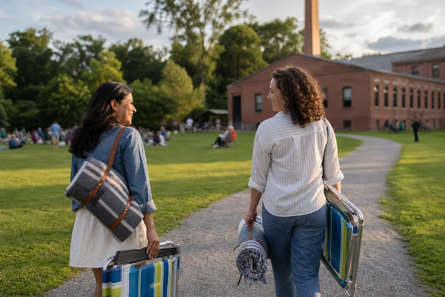 Two neighbors carrying folding chairs and blankets toward a historic brick building and a lawn gathering.