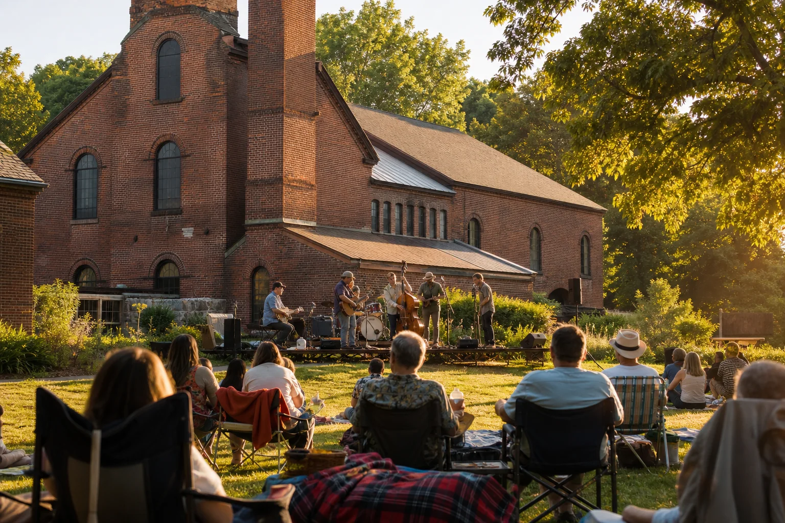 A small local band performing outdoors for neighbors seated on a lawn beside a historic brick building.
