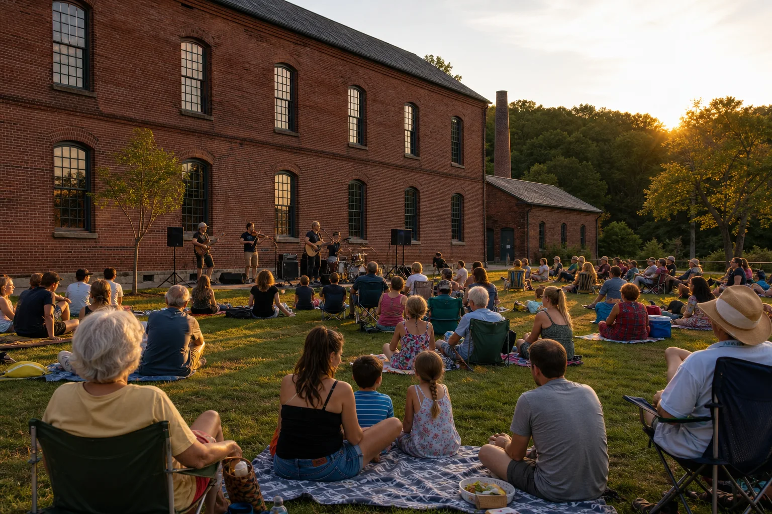Neighbors seated on a lawn for an outdoor summer concert beside a historic brick building.