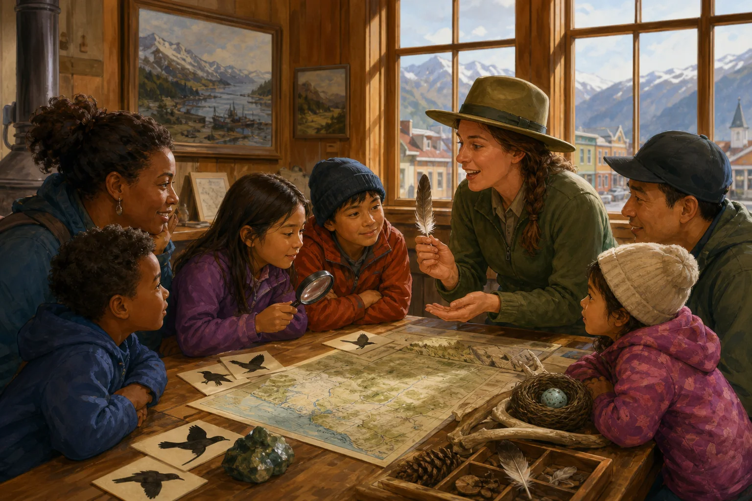 Editorial illustration of children and caregivers exploring maps and nature objects with a park educator at a table.