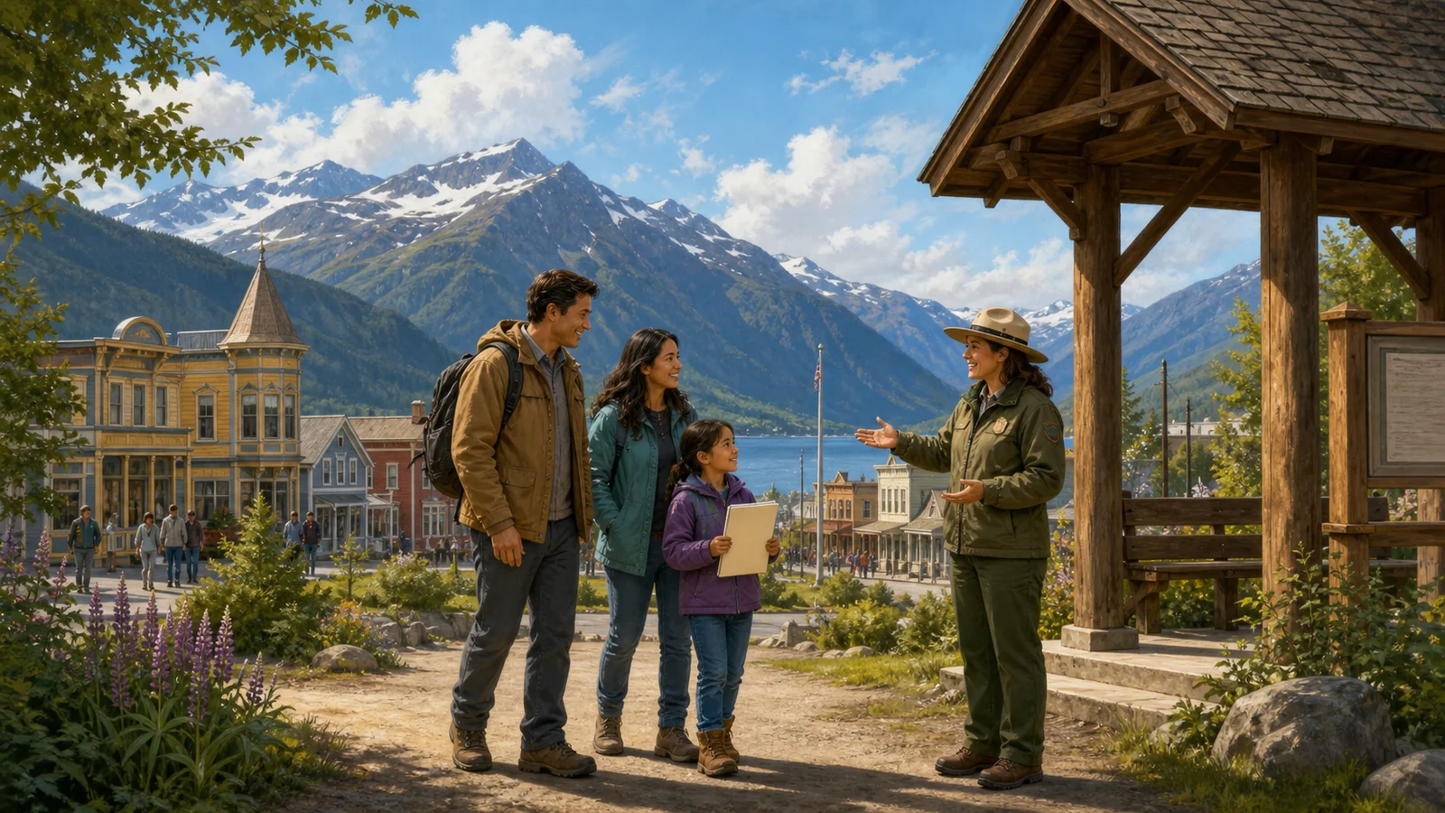 Editorial illustration of a family meeting a ranger in an Alaska gold-rush-era town with mountains behind them.