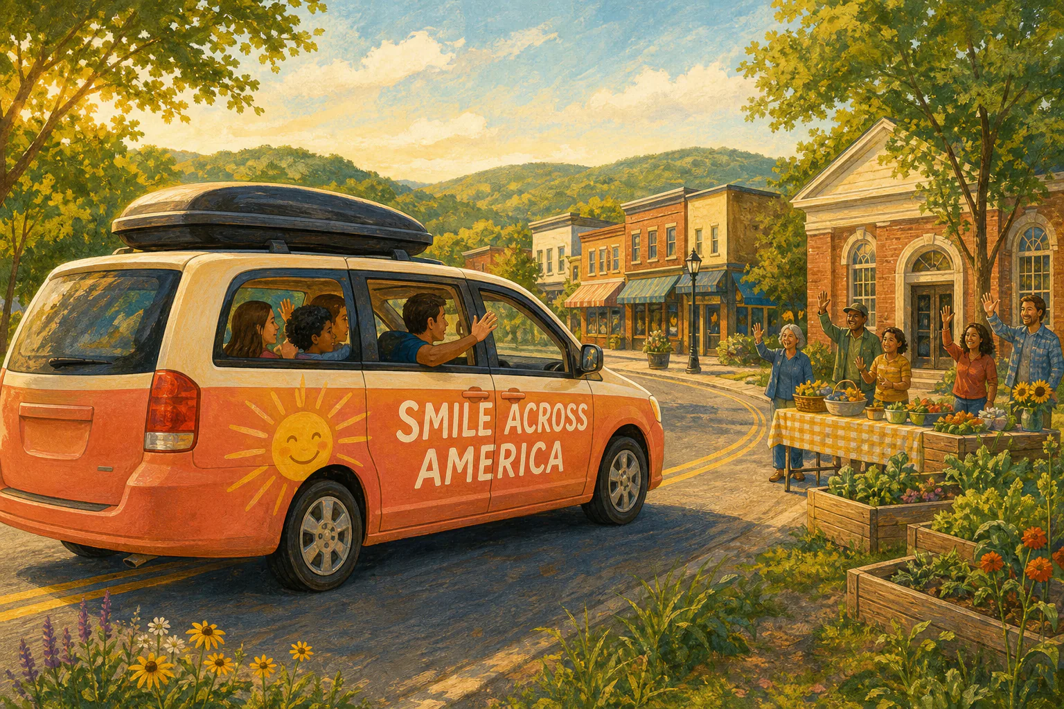 The Smile Across America minivan arriving in a welcoming American town