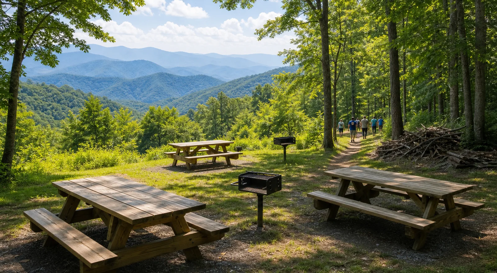 Editorial illustration of a cared-for mountain picnic area with volunteers walking along a trail.
