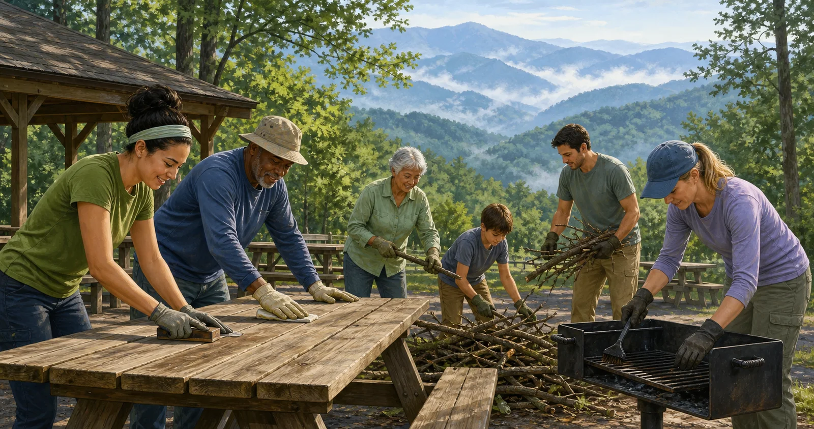 Editorial illustration of volunteers caring for a mountain picnic area.