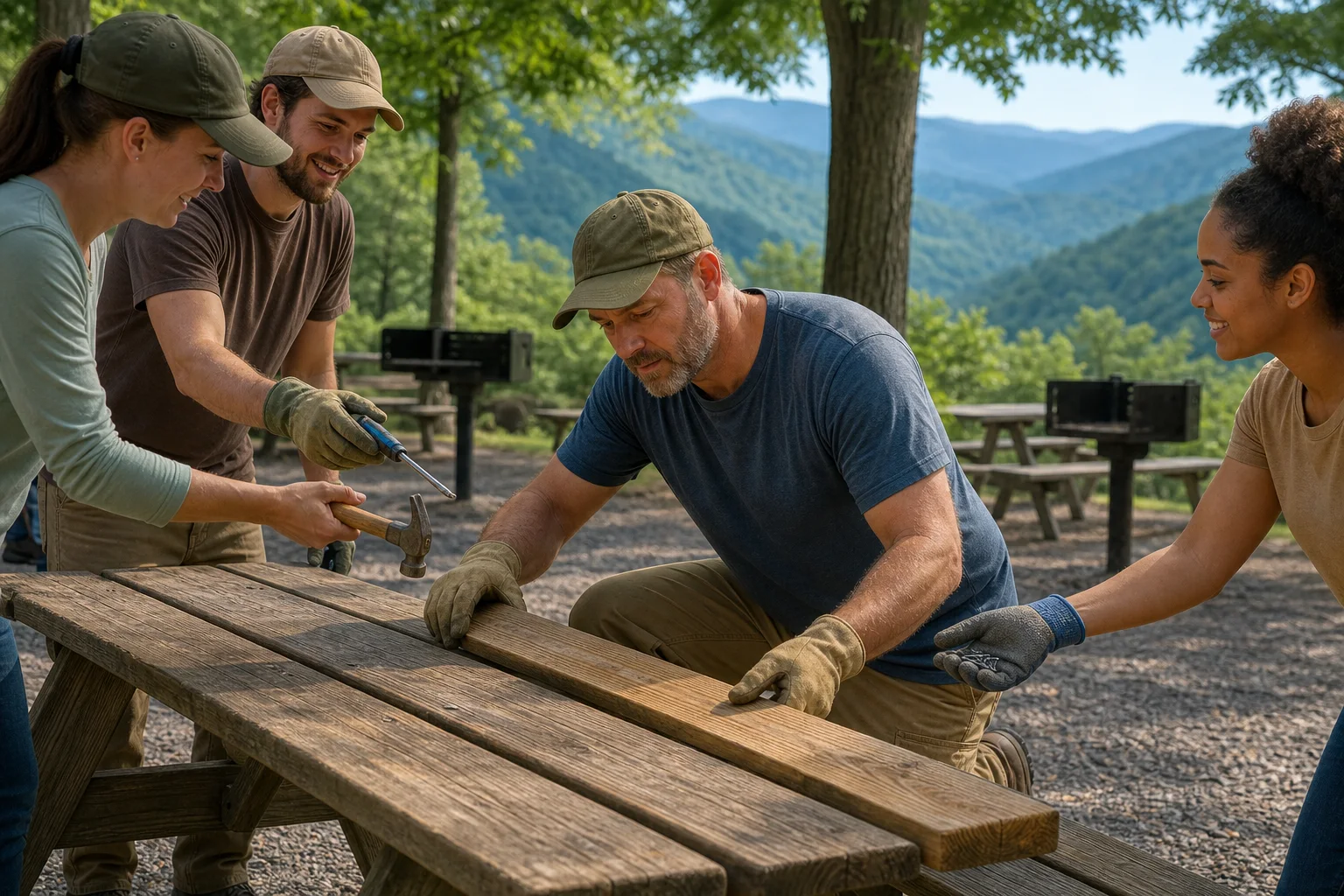 Editorial illustration of volunteers repairing a wooden picnic table in a mountain grove.