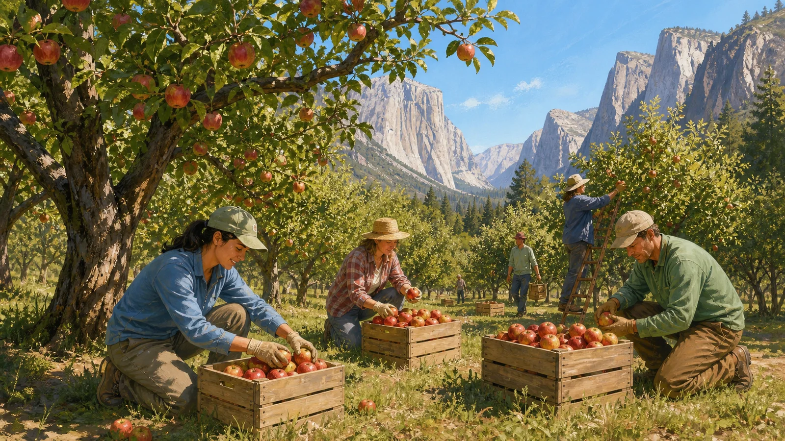 Editorial illustration of volunteers harvesting apples in a mountain orchard.