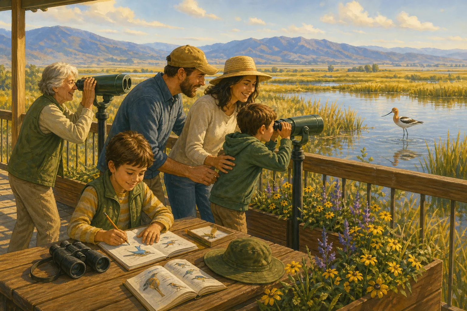 A family and neighbor using binocular viewers beside the wetlands at Bear River Migratory Bird Refuge