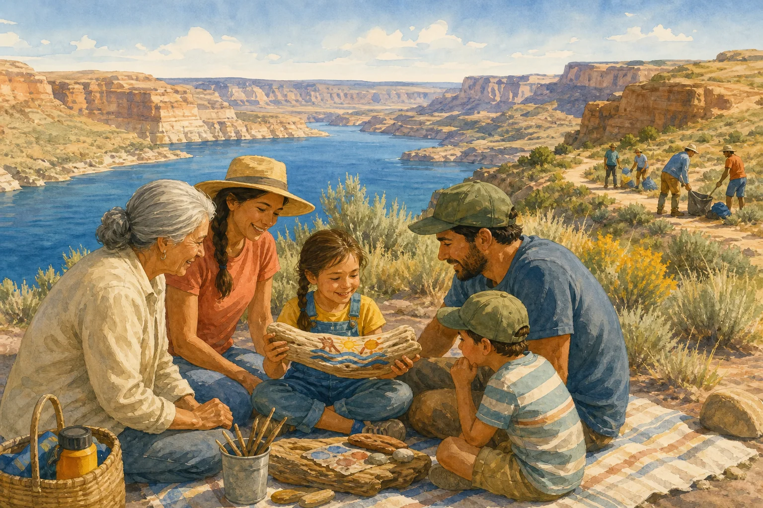 Editorial illustration of three generations of a family admiring a painted driftwood keepsake at a canyon-lake overlook, with volunteers in the distance.