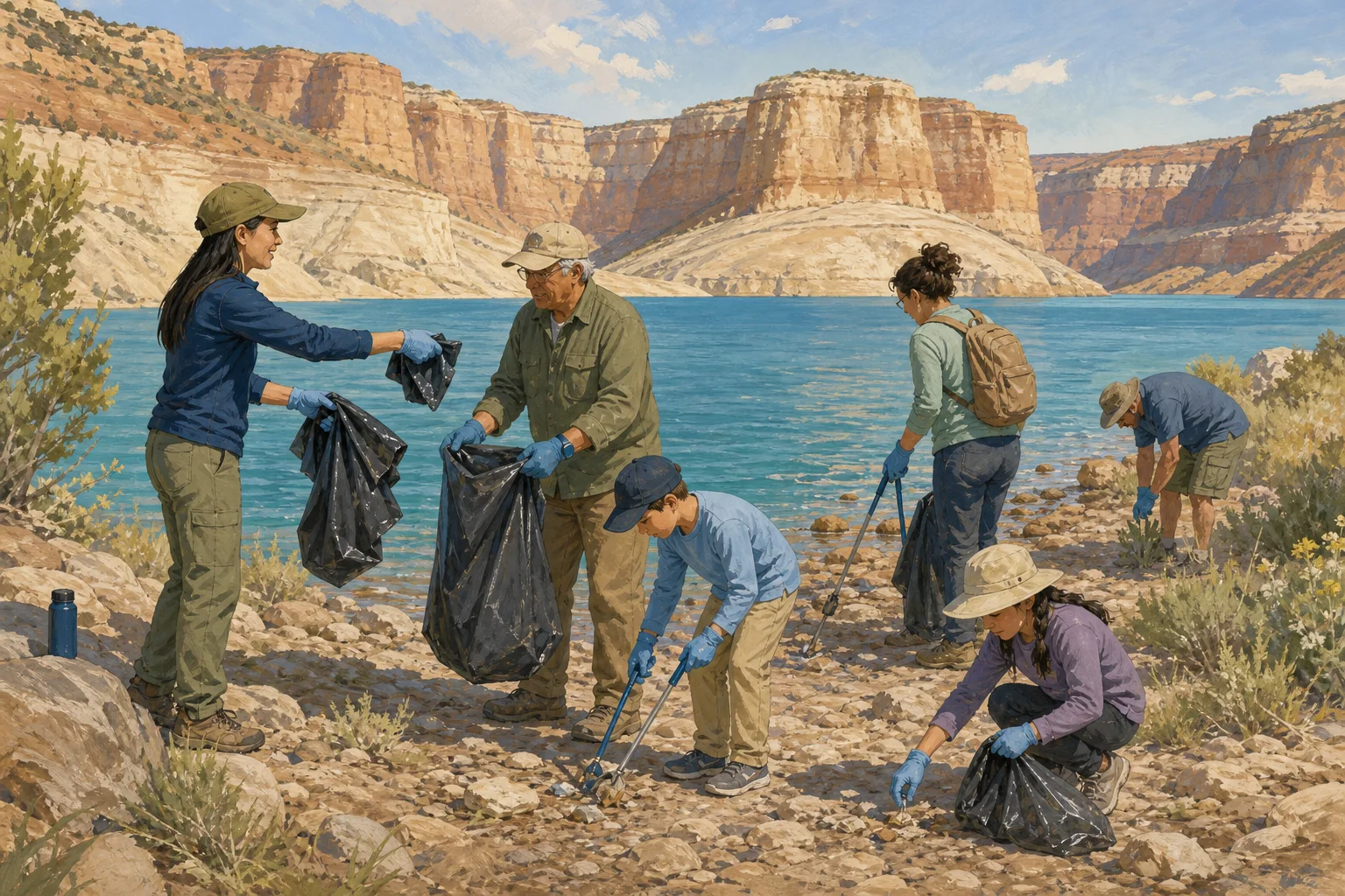Editorial illustration of volunteers in gloves working together on a rocky canyon-lake shoreline cleanup.