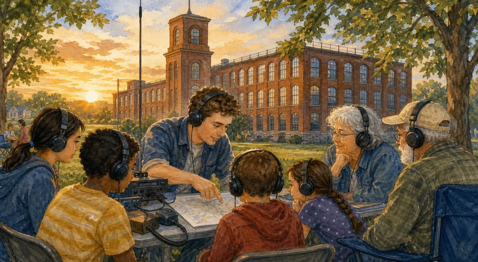 Editorial illustration of children and older neighbors wearing headphones together at a portable radio table outside a historic mill at sunset.