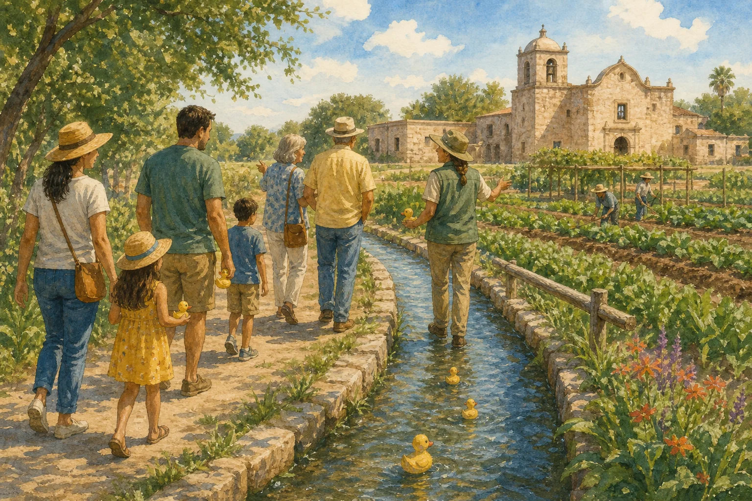 Editorial illustration of families walking beside a flowing acequia and farm rows at Mission San Juan after a community rubber-duck event.