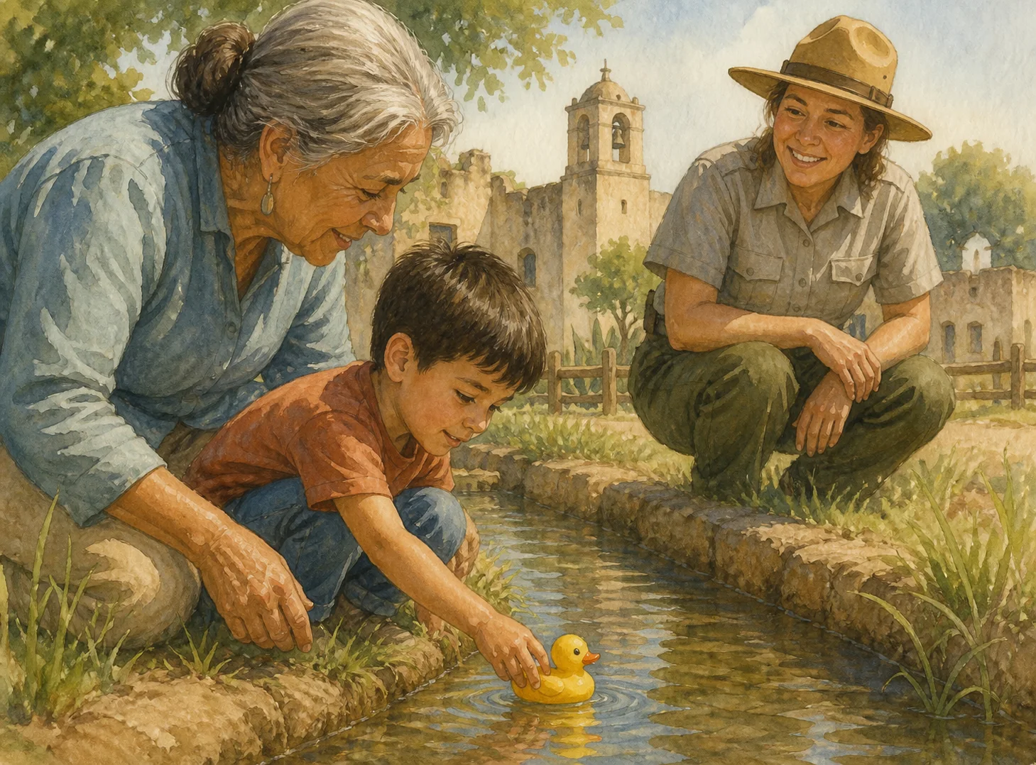 Editorial illustration of a child and grandparent placing a yellow rubber duck in a shallow acequia while a park guide looks on near Mission San Juan.