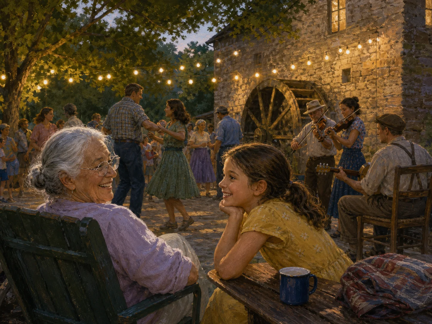Editorial illustration of an older adult and a child resting between dances near musicians and the stone wall of a historic mill on a summer evening.