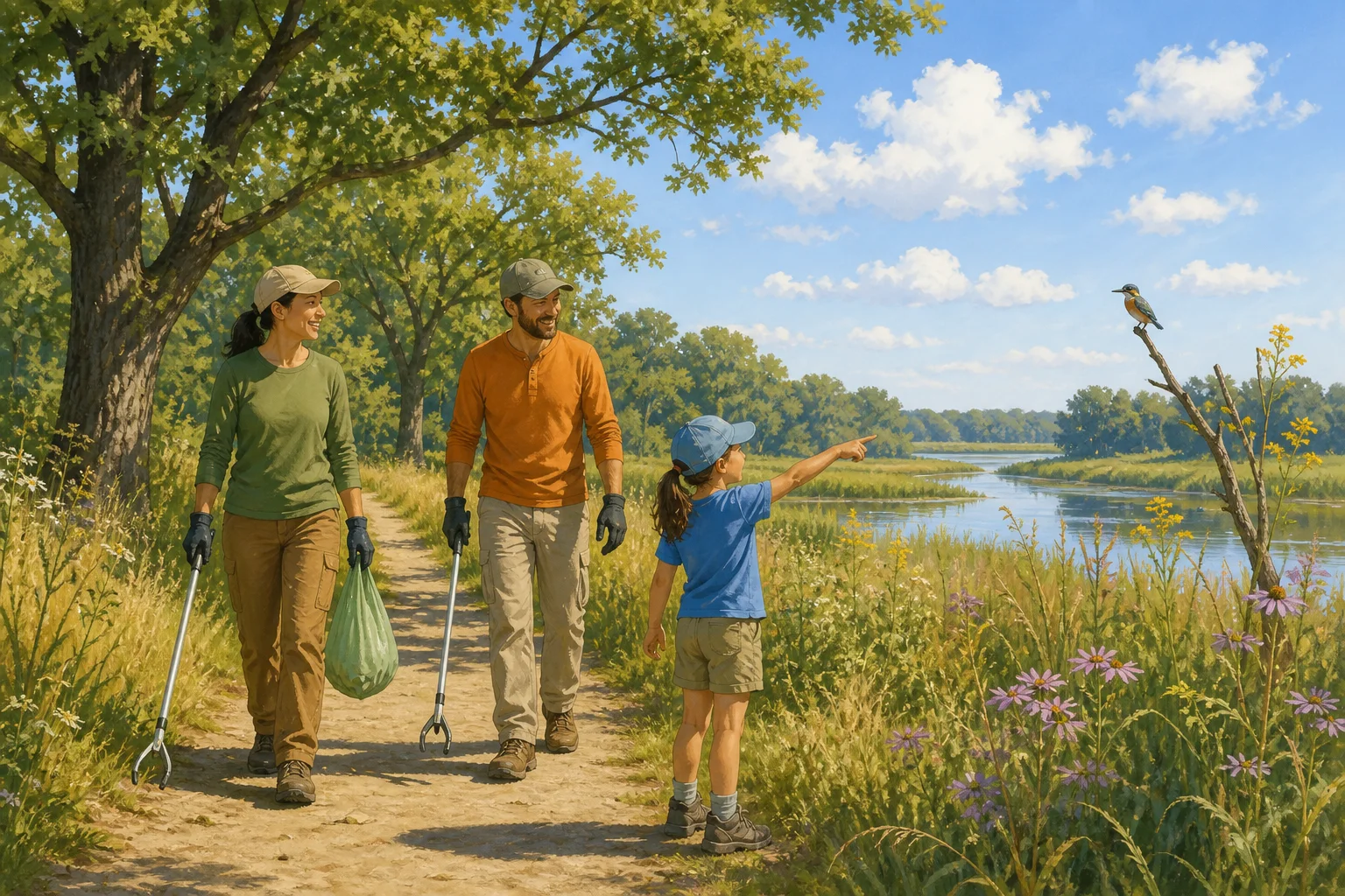 Two volunteer Trail Rangers walk a refuge path with litter grabbers as a child points toward a bird by the wetland