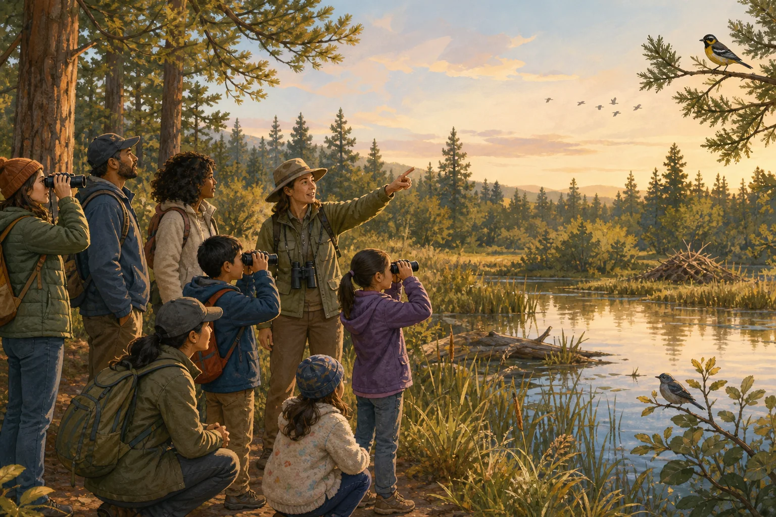 Families and a volunteer naturalist watch birds beside a wetland pond
