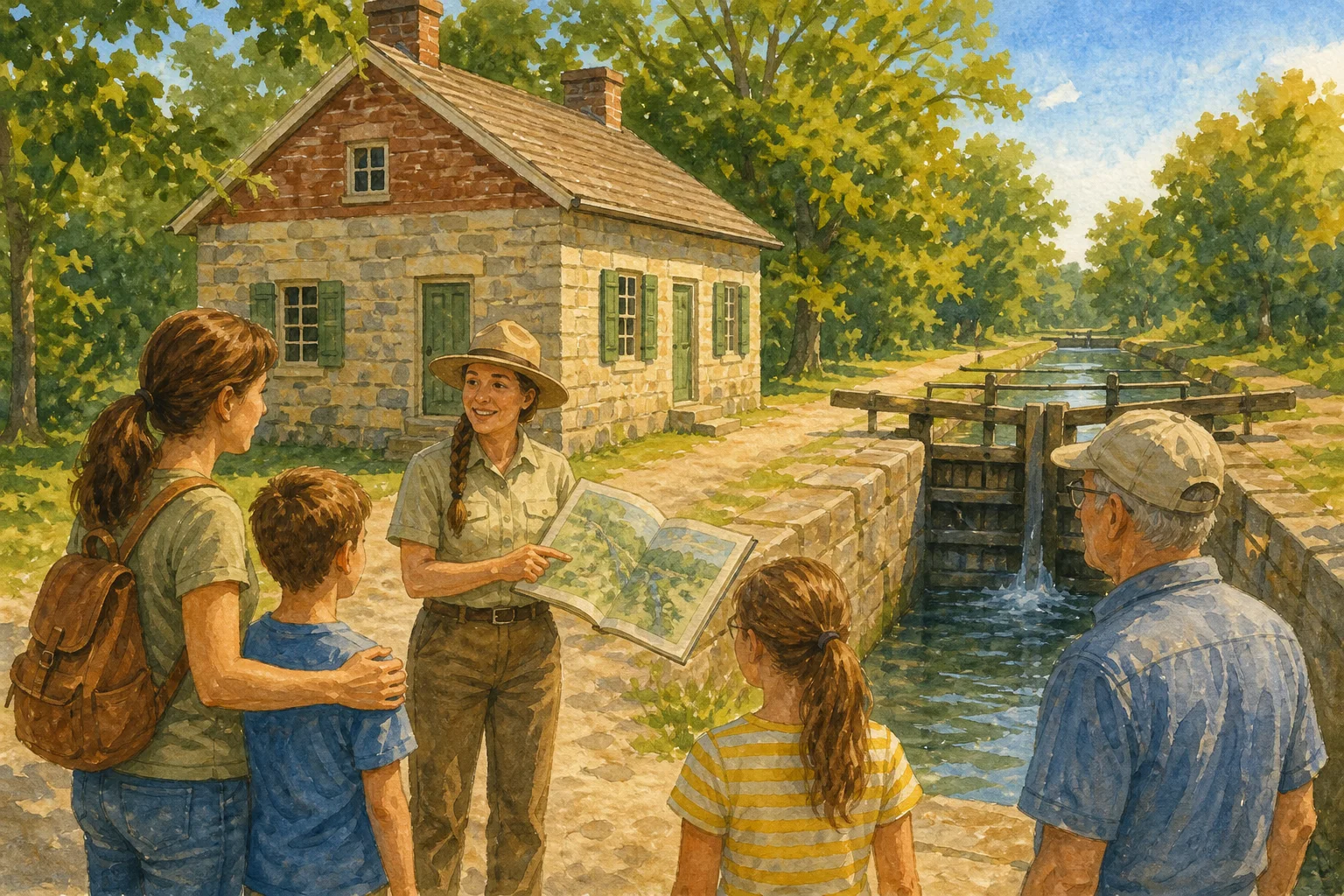 Editorial illustration of a park interpreter showing a family a map beside a stone lockhouse and canal lock.