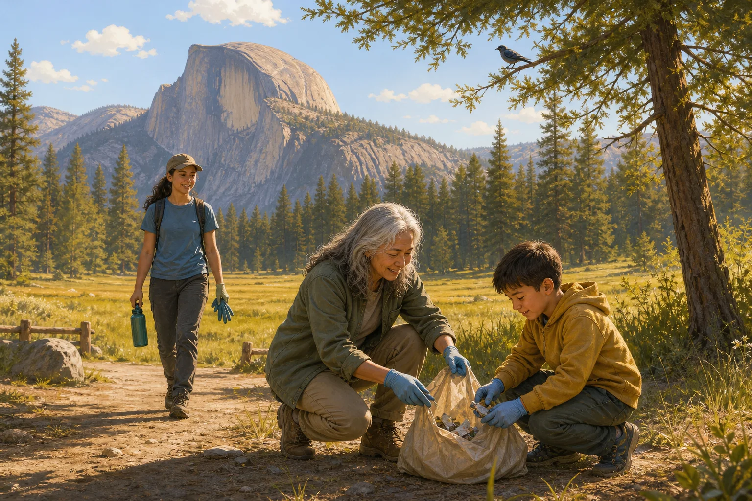 Editorial illustration of an adult and a young volunteer collecting small pieces of litter beside a Yosemite Valley meadow, with Half Dome in the distance.