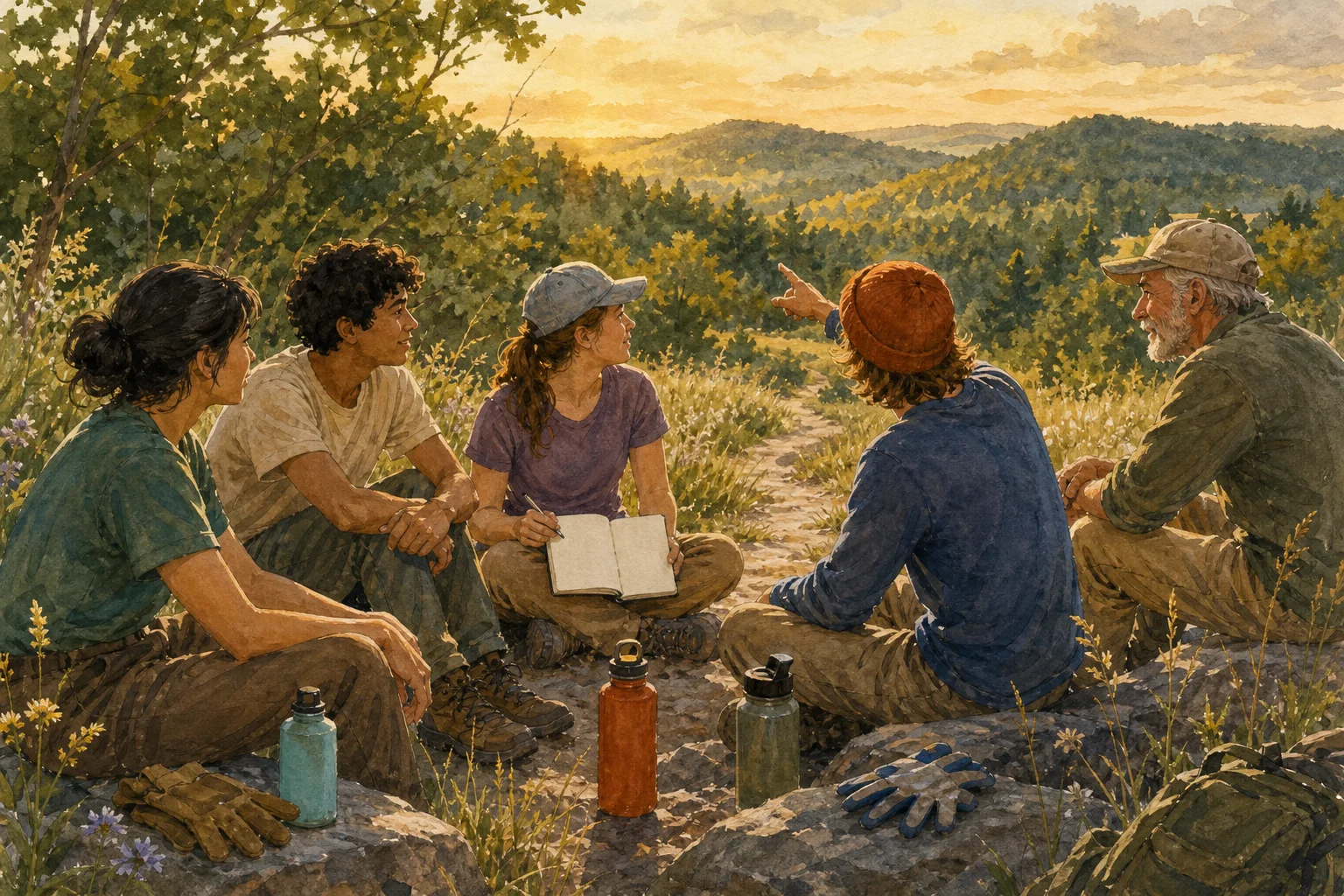Editorial illustration of fictional young adults and an older mentor resting together at a grassy overlook after a volunteer work session.