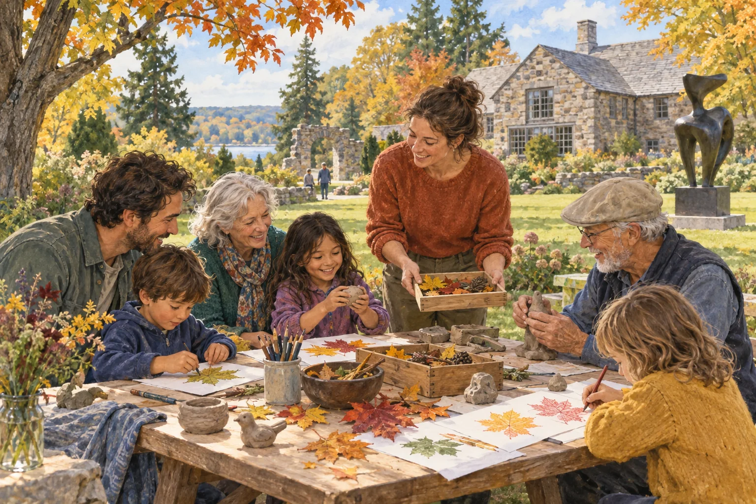 A family and neighbors make leaf drawings and small clay sculptures together at an autumn arts gathering beside a historic garden.