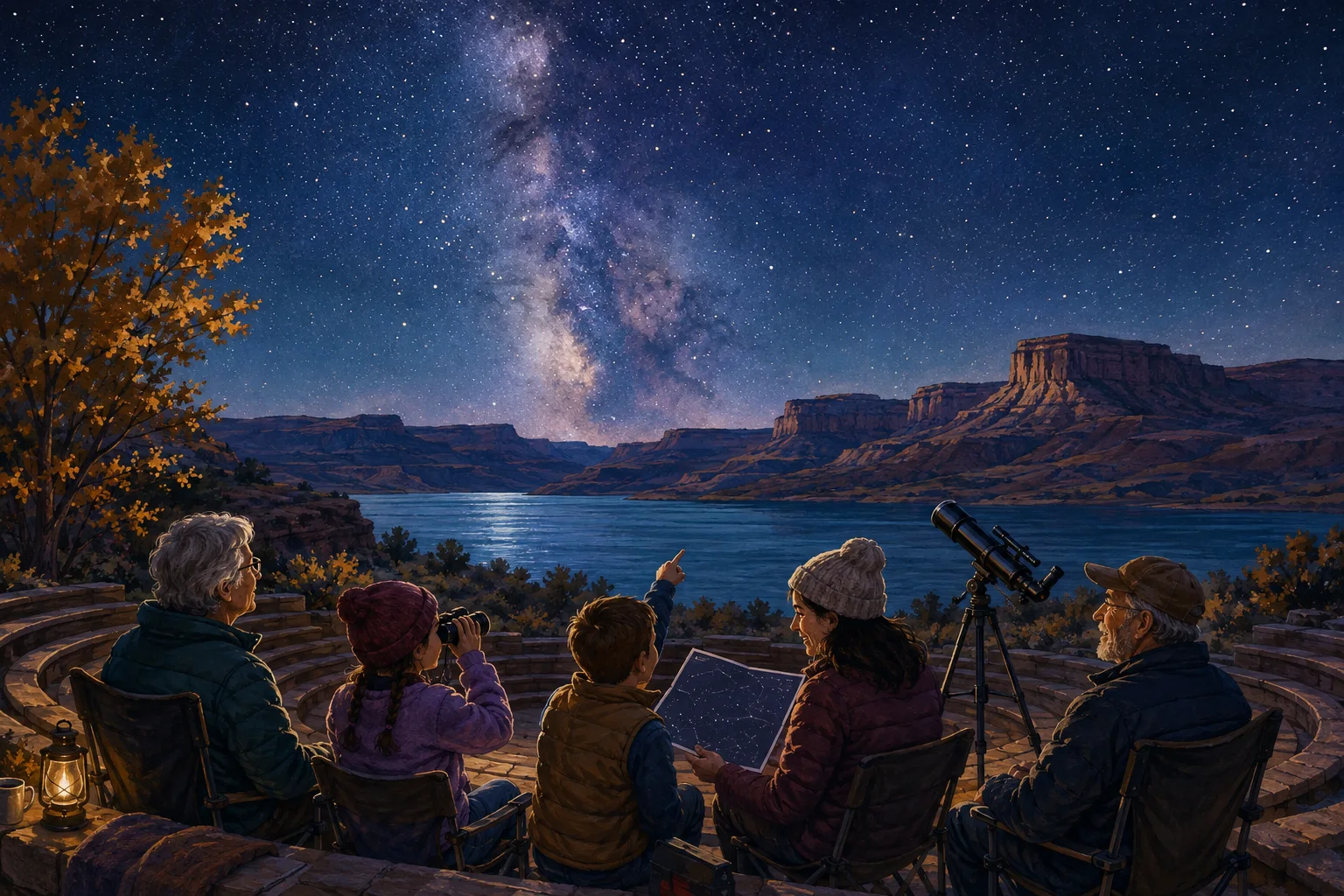 A multigenerational group gathers beside a Colorado reservoir to enjoy a telescope and bright stars.