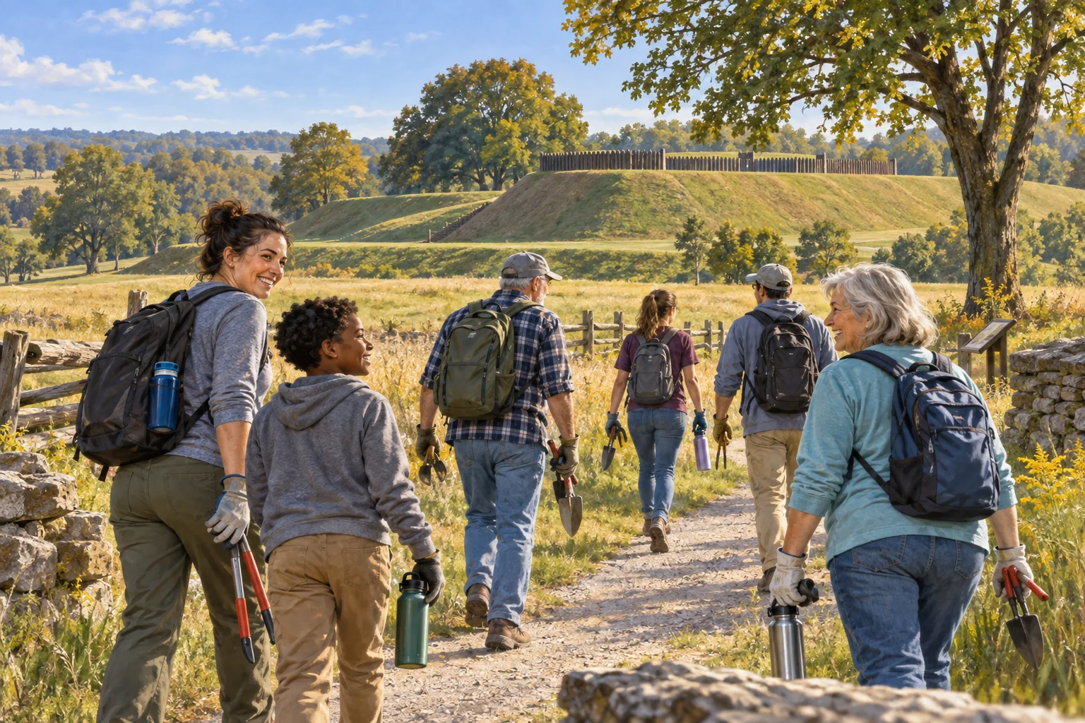 Editorial illustration of volunteers walking toward a historic Kentucky earthwork on a sunny early-autumn morning